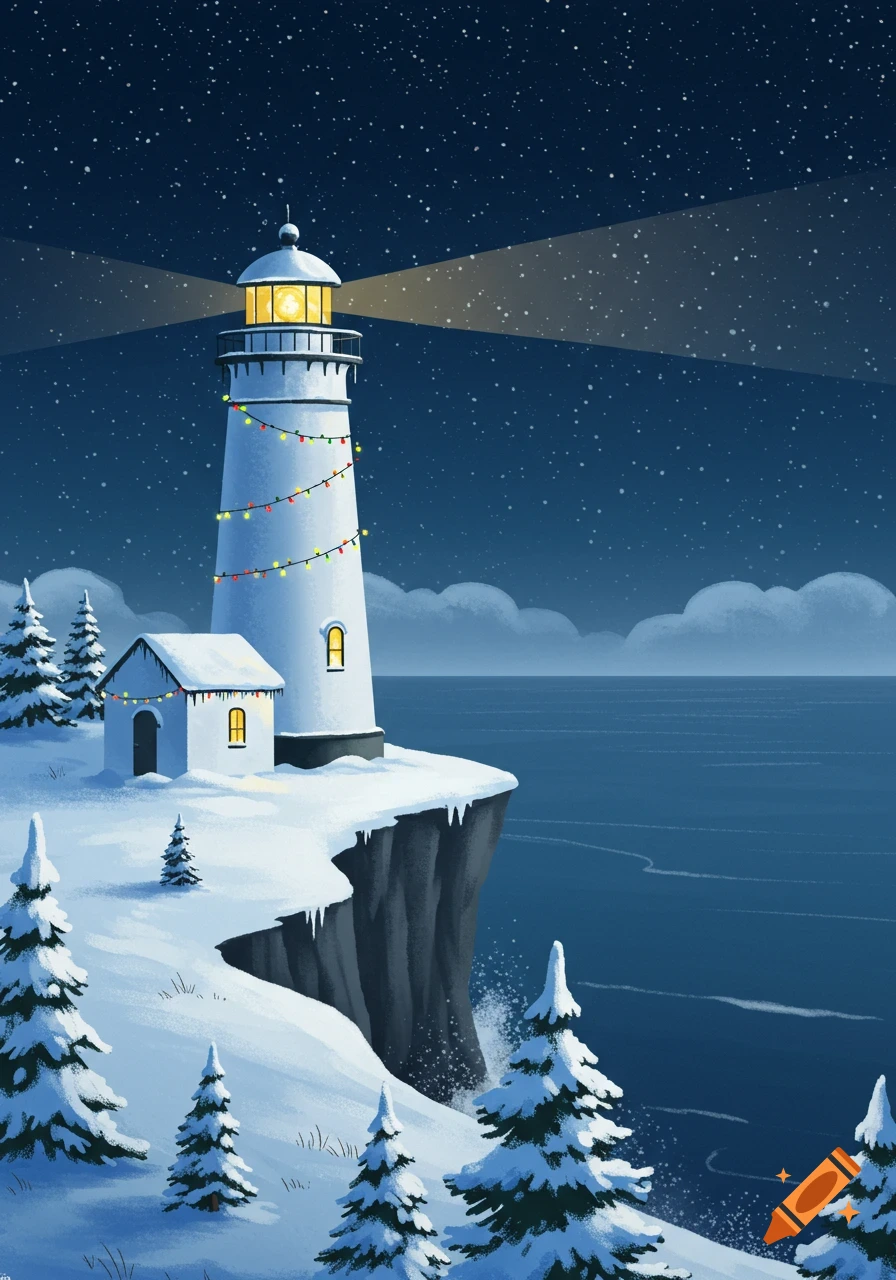 Illustrated white lighthouse on a snowy cliff at night, adorned with Christmas lights and surrounded by snow-covered trees.