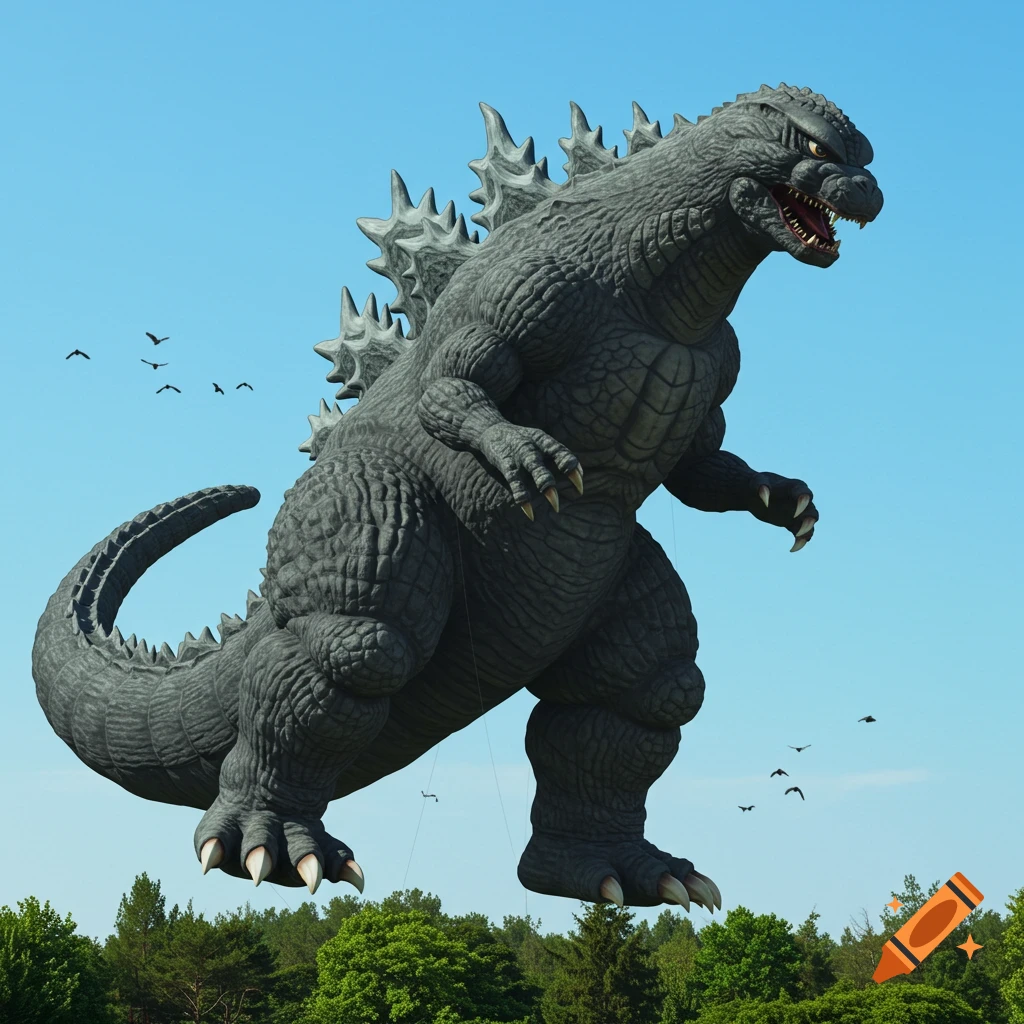 Giant grey Godzilla hot air balloon floats over a green forest under a clear blue sky, with birds flying.