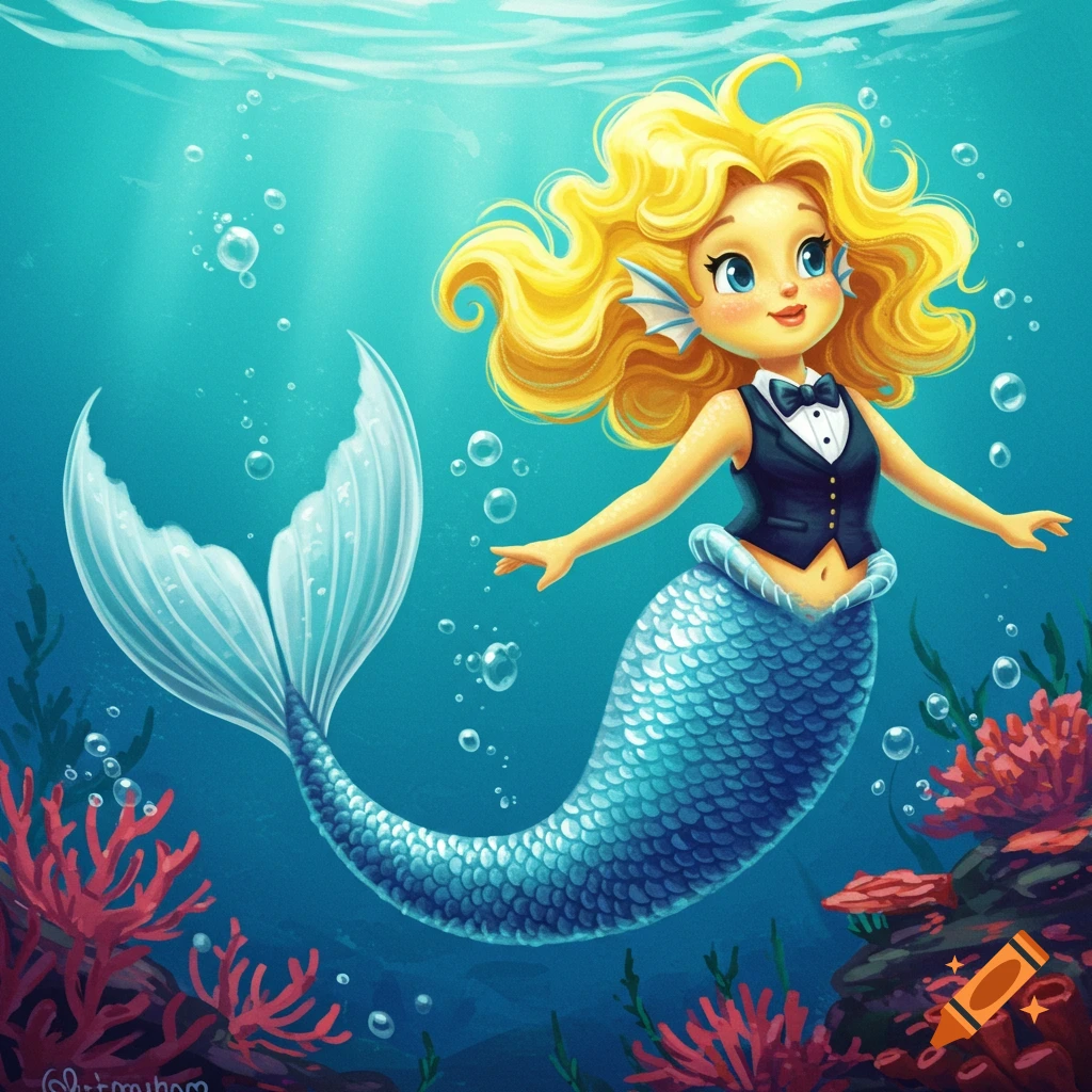 Cute cartoon blonde mermaid in a tuxedo top and blue scaled tail swims in a clear blue ocean with red coral.