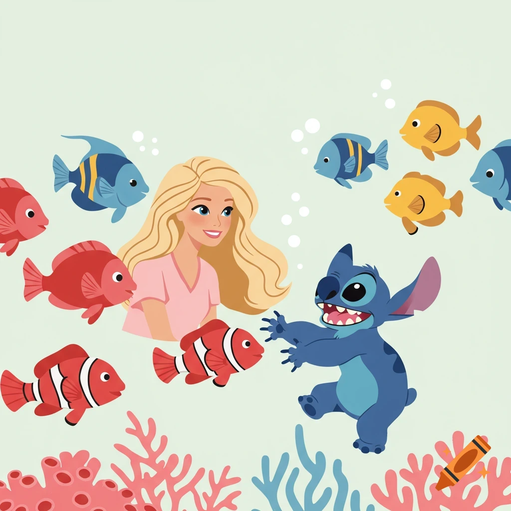 Cartoon illustration of Barbie and Stitch swimming underwater with colorful fish and coral.