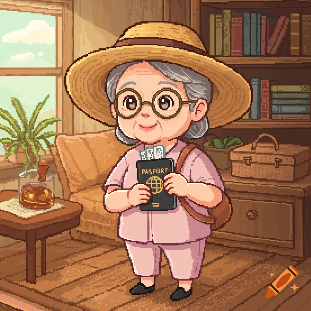 A friendly cartoon pixel art old woman with a straw hat and glasses, holding a passport, ready to travel.