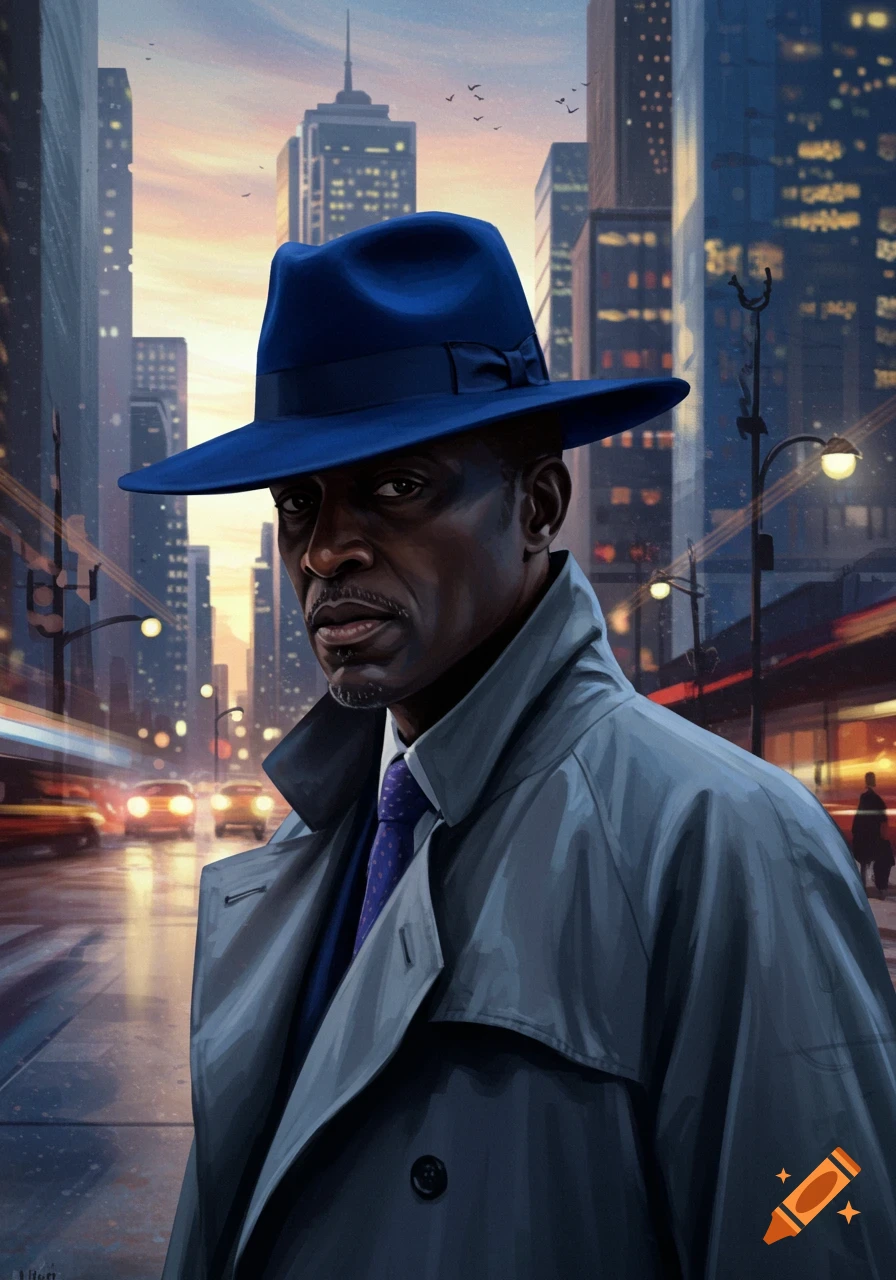 Illustration of a stern Black man in a blue fedora and trench coat on a rainy city street at dusk with blurred car lights.