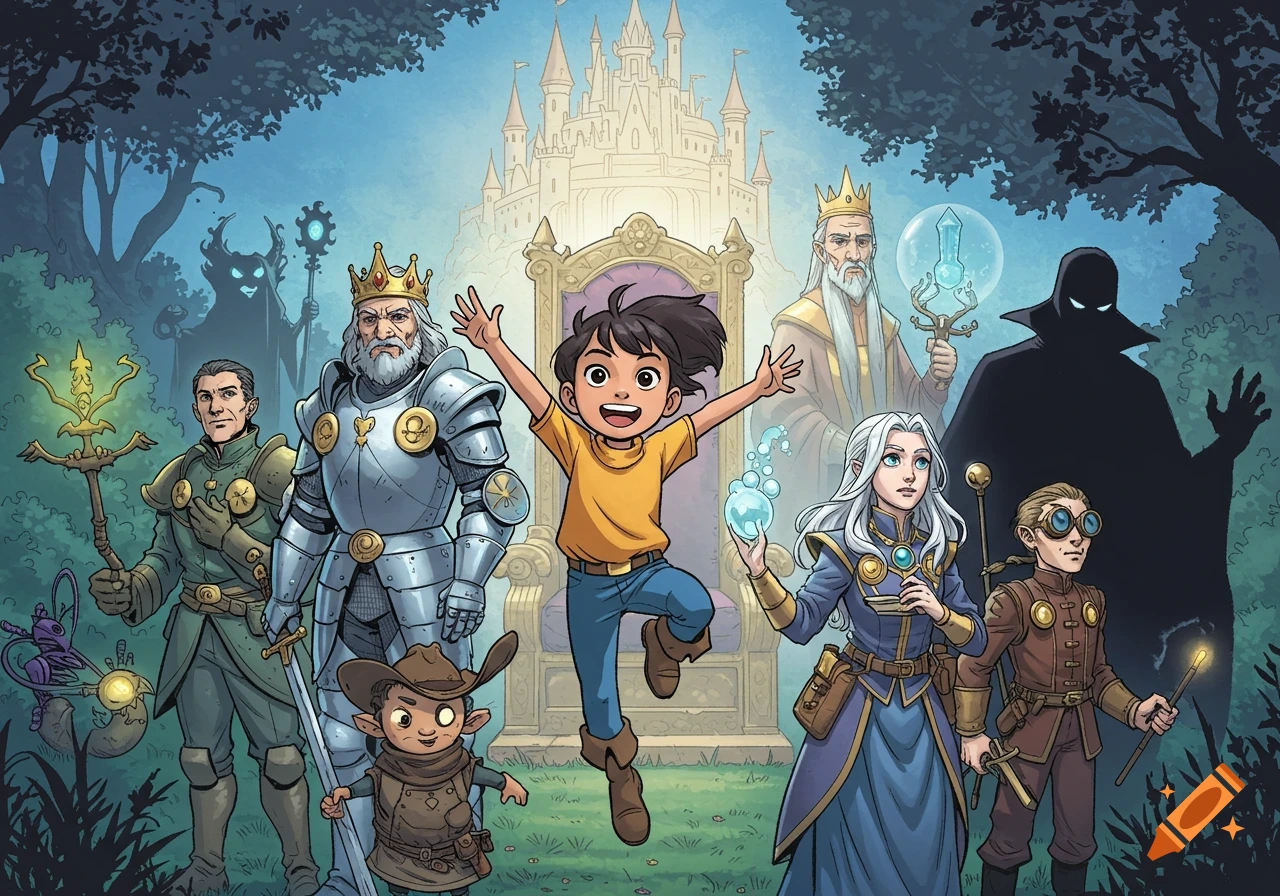 Fantasy comic art of diverse characters including a jumping boy, knight, wizard, and inventor, with a castle and shadowy figures in the background.