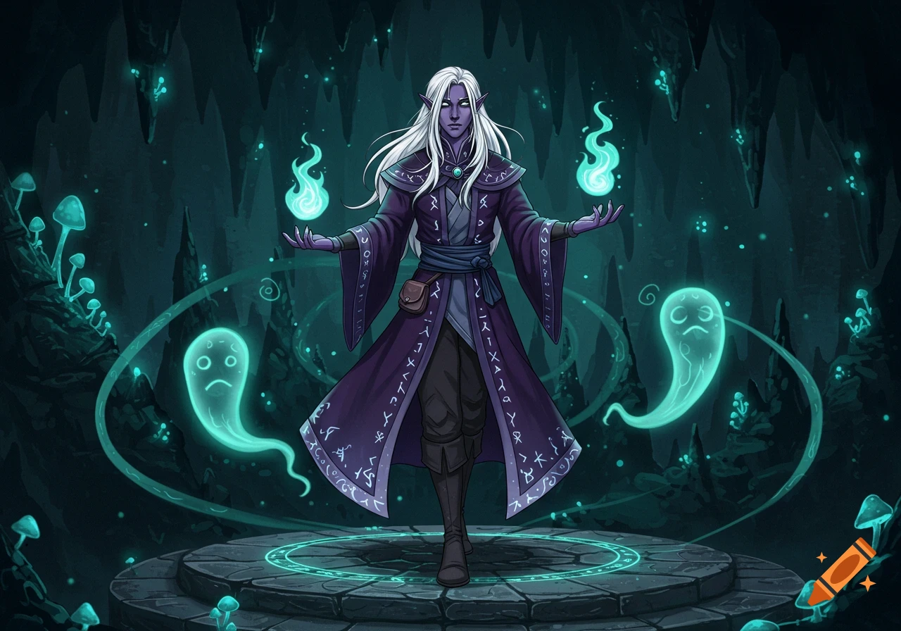 A Drow sorcerer with white hair and purple skin stands in a glowing cave, surrounded by spirits and blue flames, anime style.