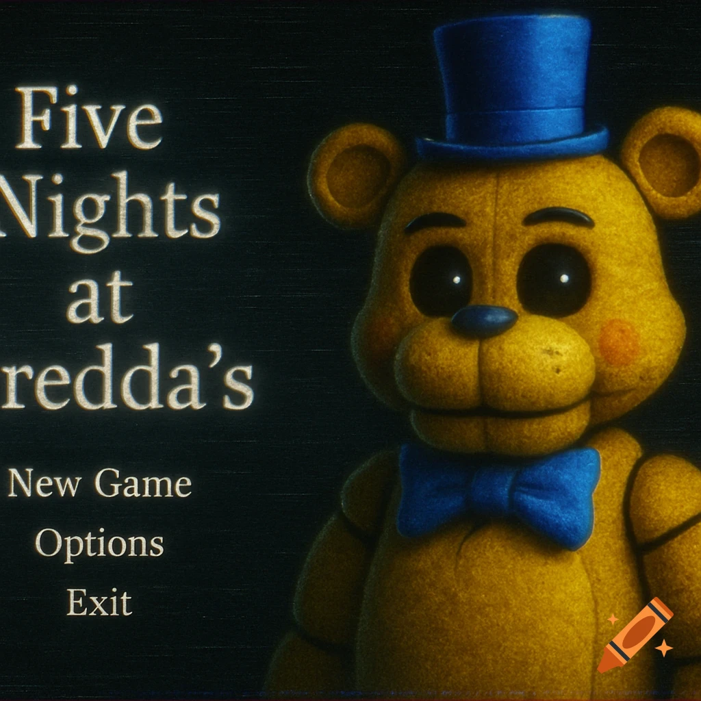 Game menu with a yellow bear wearing a blue top hat and bow tie. Text reads 'Five Nights at Fredda's', 'New Game', 'Options', 'Exit', on a static background.
