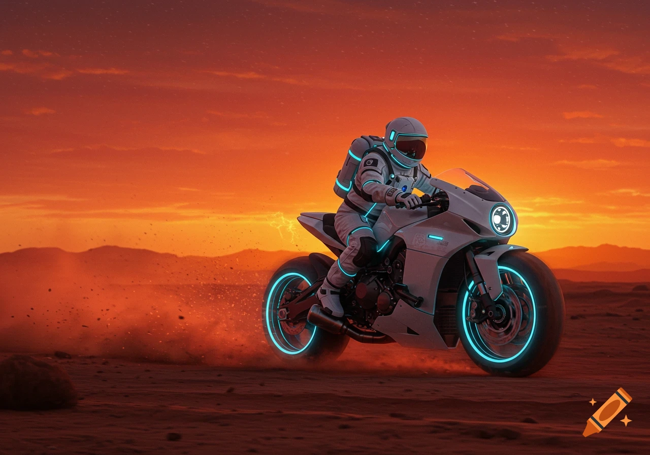 Astronaut on a futuristic motorcycle with glowing neon accents, driving on a red desert planet at sunset.