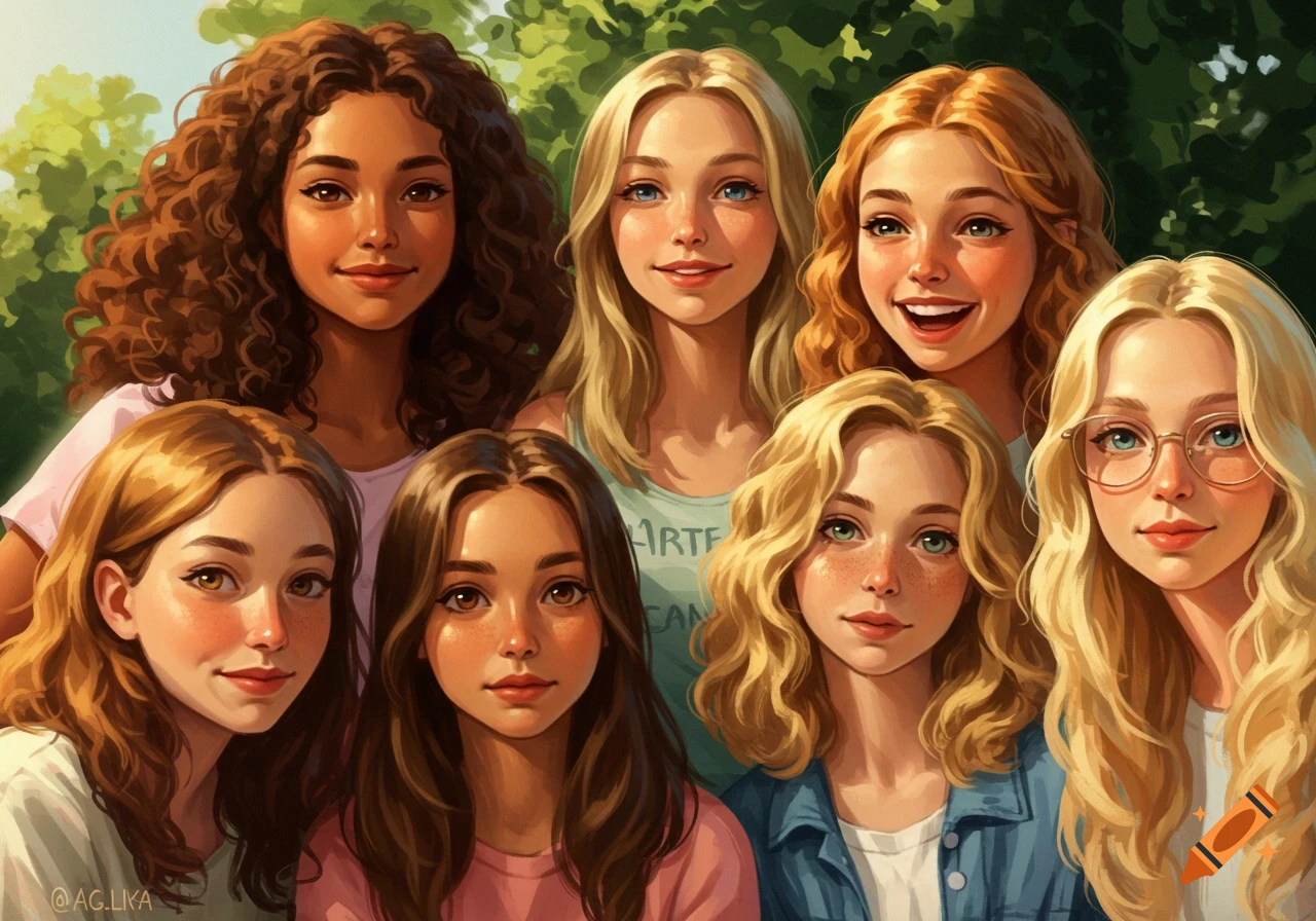 A cartoon-style group portrait of seven diverse young women with various hair colors and styles, smiling outdoors.