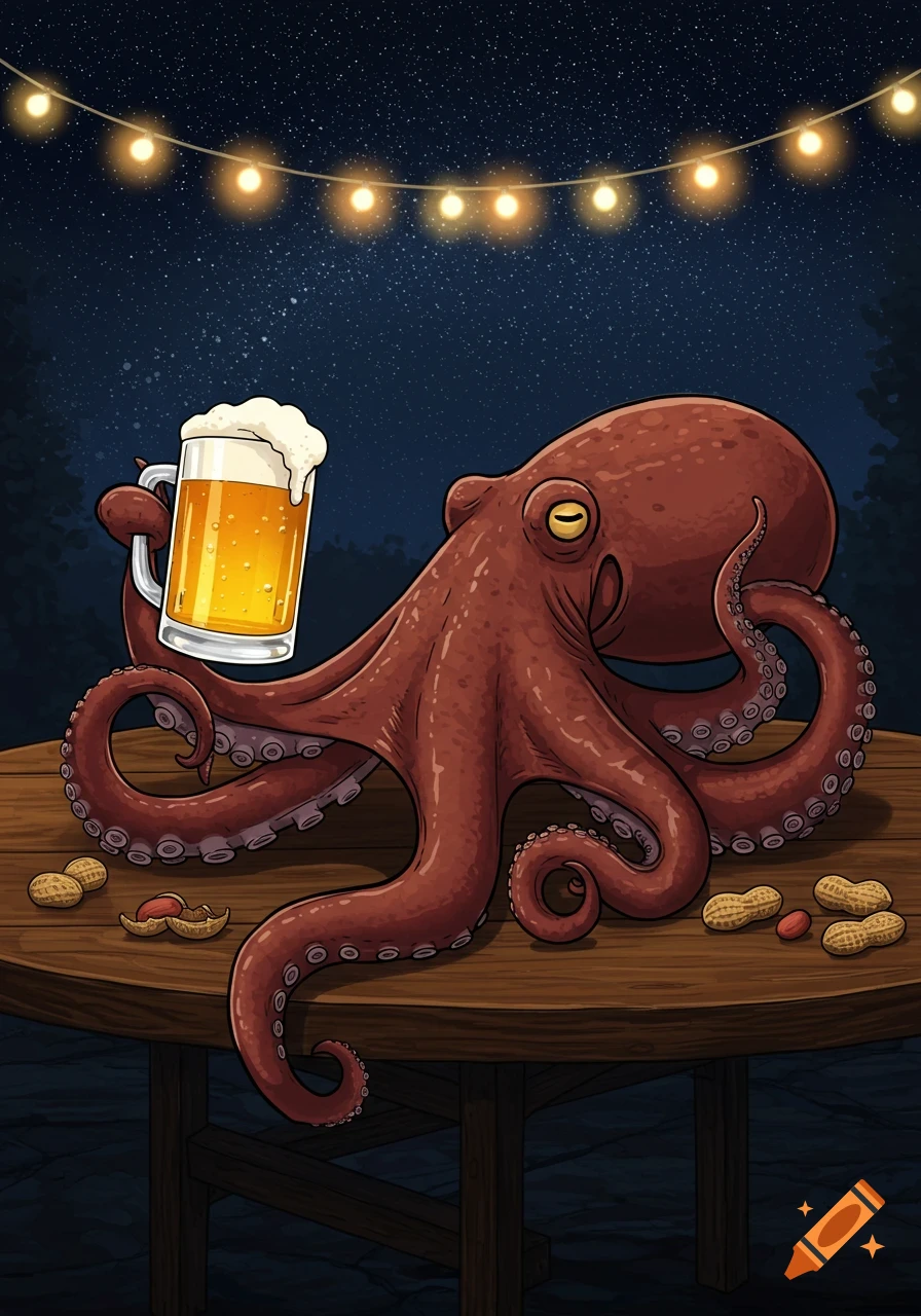 A cartoon octopus holds a beer mug while sitting at a wooden table with peanuts under string lights and a starry night sky.