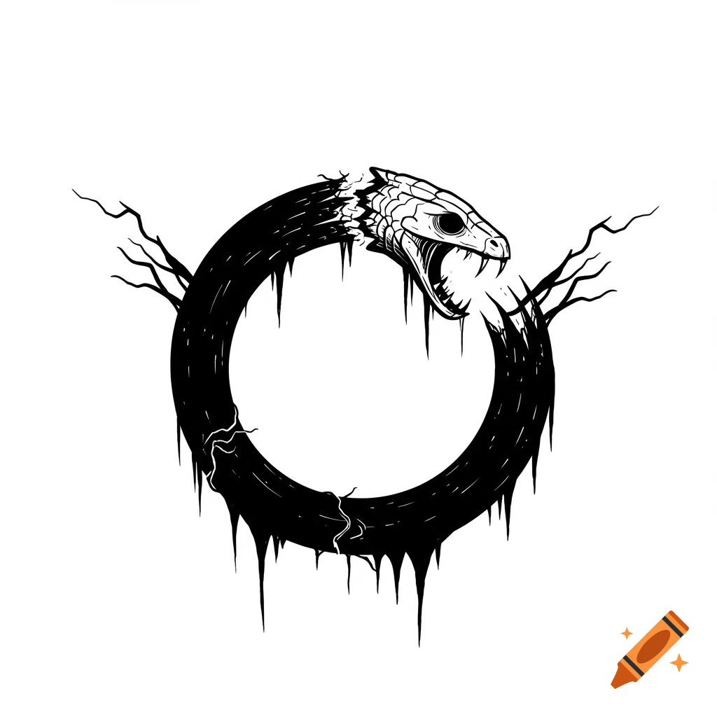 Black and white illustration of a broken Ouroboros symbol, a serpent devouring its tail, with jagged edges and dark tendrils.