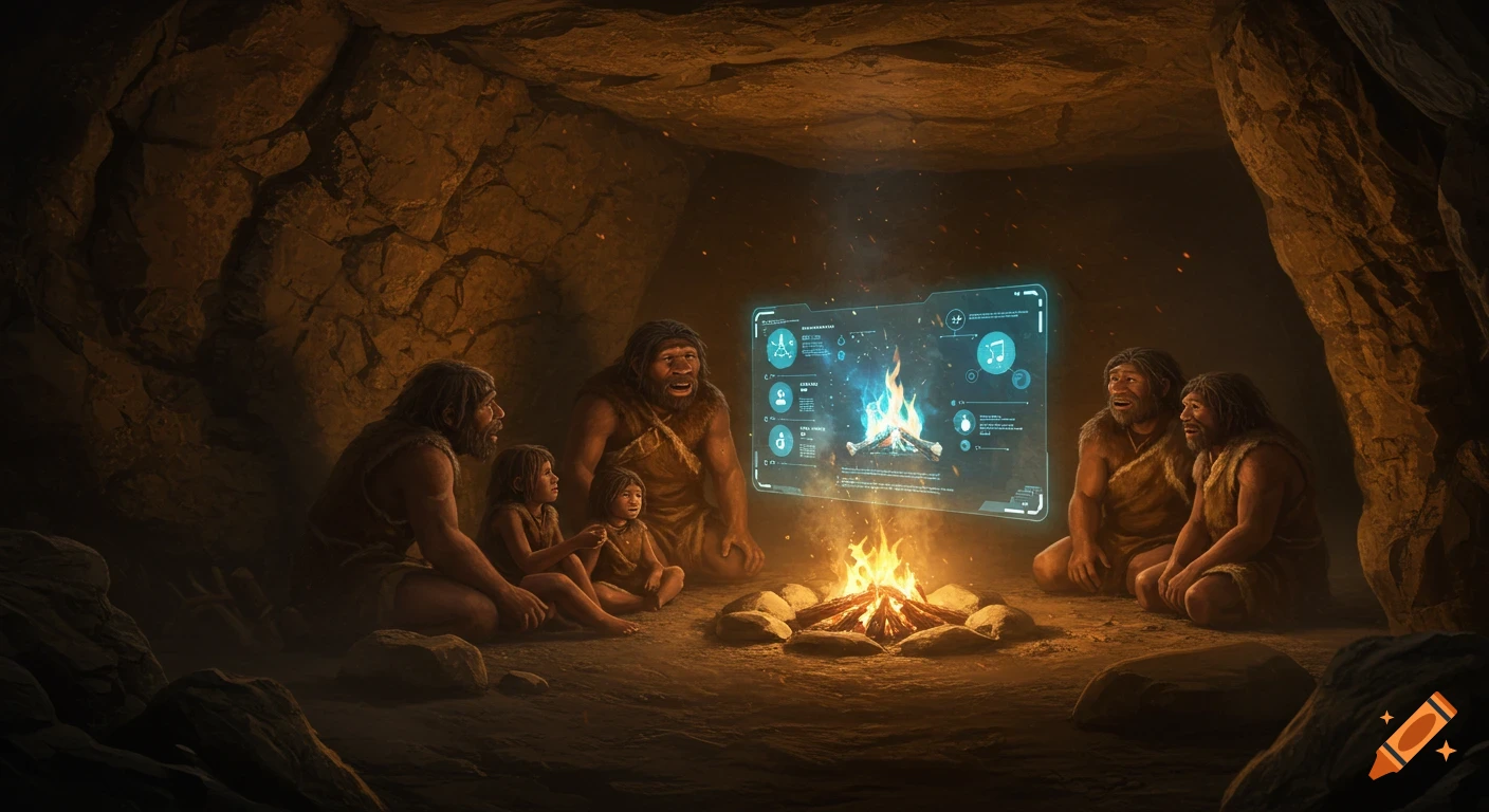 Neanderthal family in a cave watches a holographic projection of how to make fire, with a real fire burning in front of them.