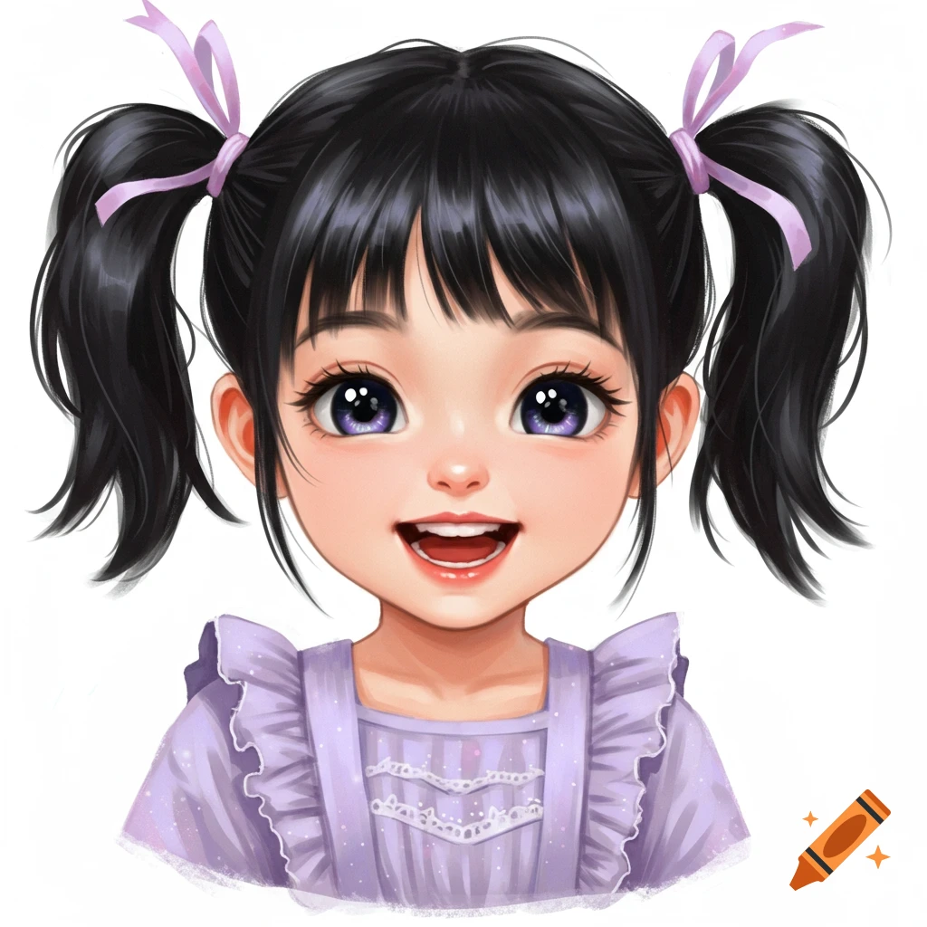 An illustration of a smiling cartoon girl with black pigtails and purple ribbons, wearing a lavender ruffled dress.