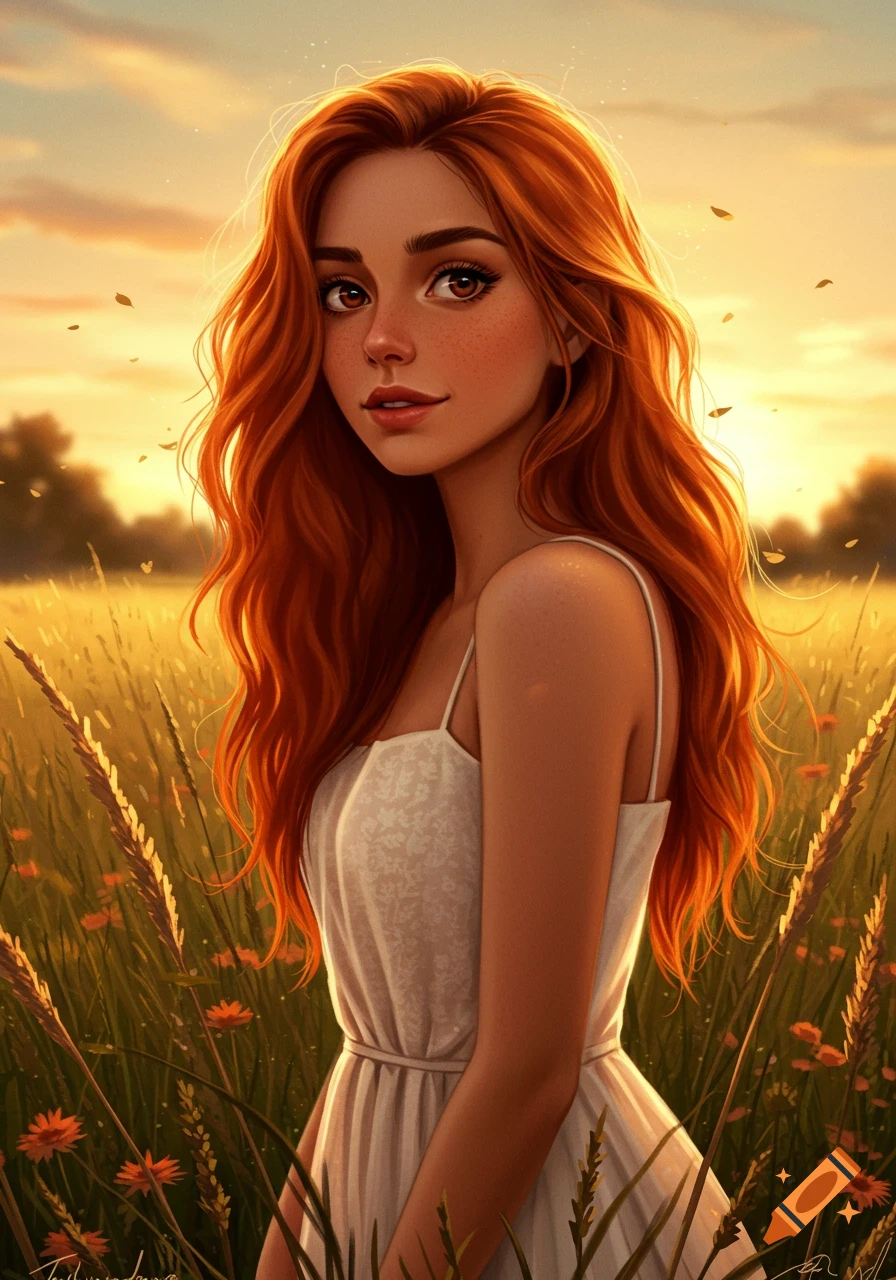 A digitally painted portrait of a young woman with long red hair and brown eyes, standing in a golden field at sunset.