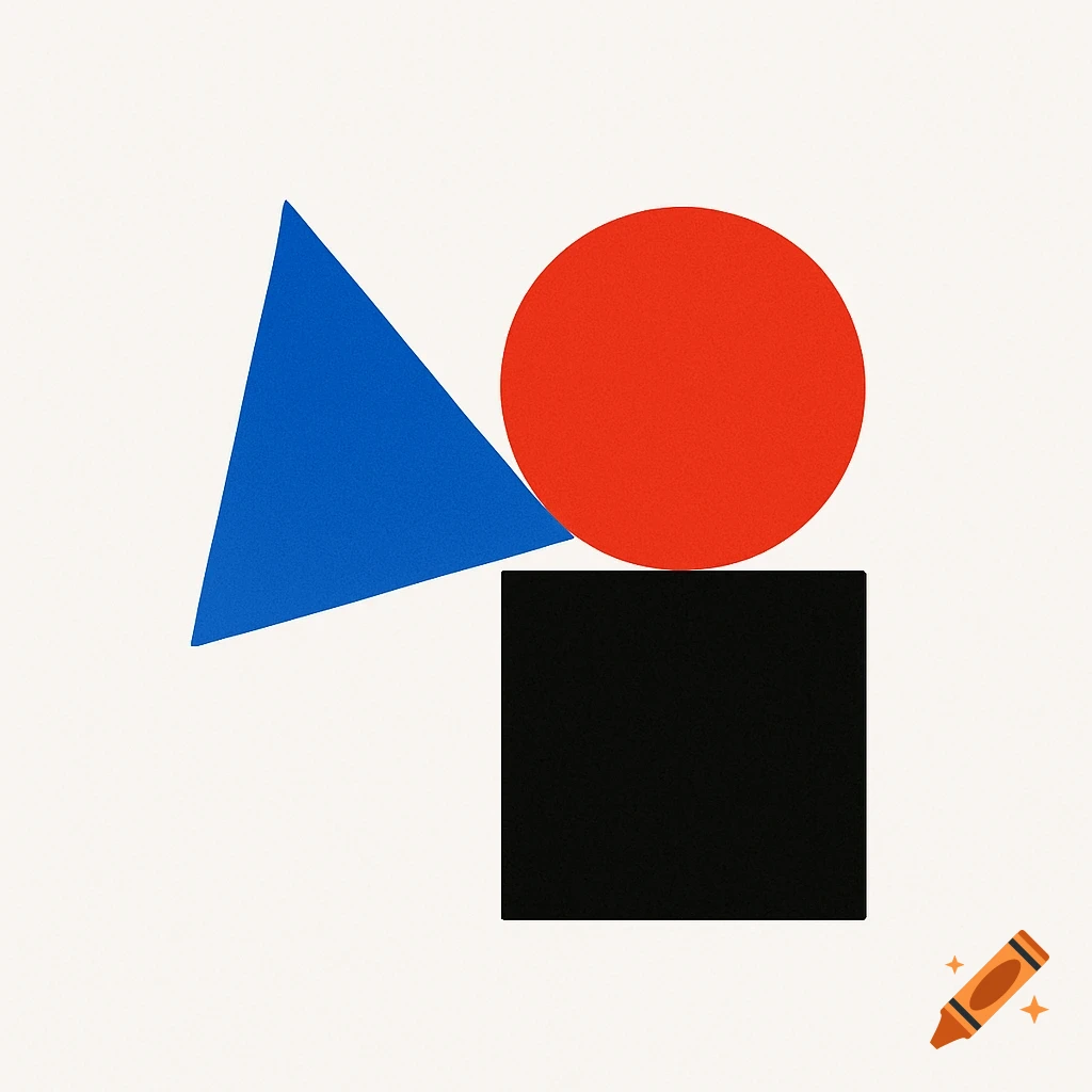 A minimalist logo with a blue triangle, a red circle, and a black square arranged on a white background.