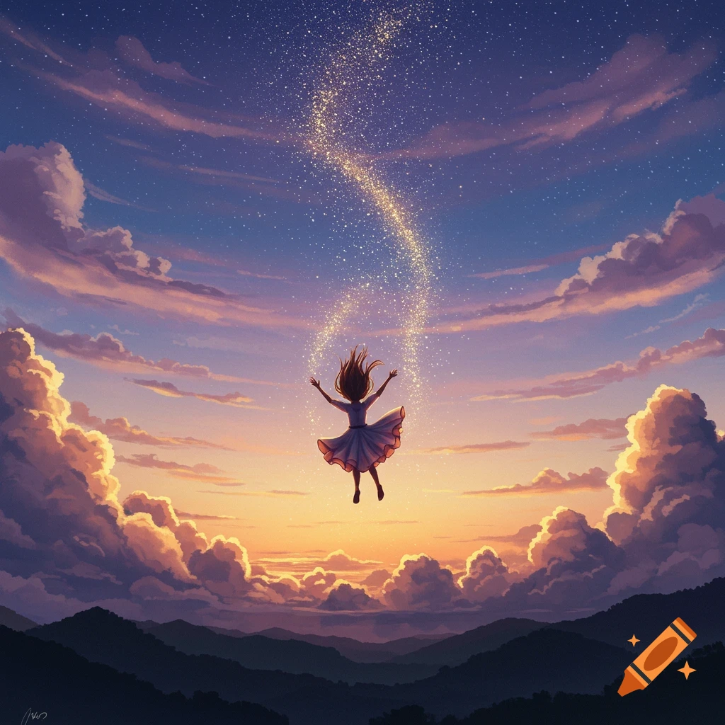 Anime art of a girl floating upwards, surrounded by glowing stars, vibrant pink and orange clouds, and distant mountains at dusk.
