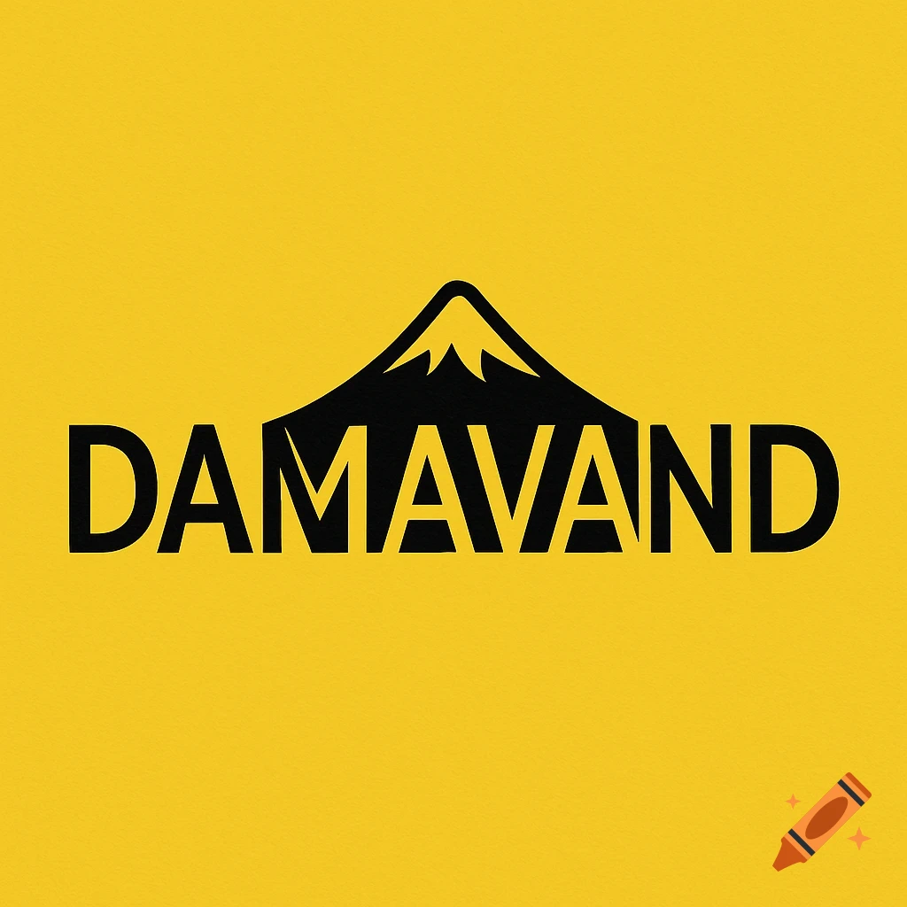 Black Damavand text logo with a stylized mountain replacing the central A, on a bright yellow background.