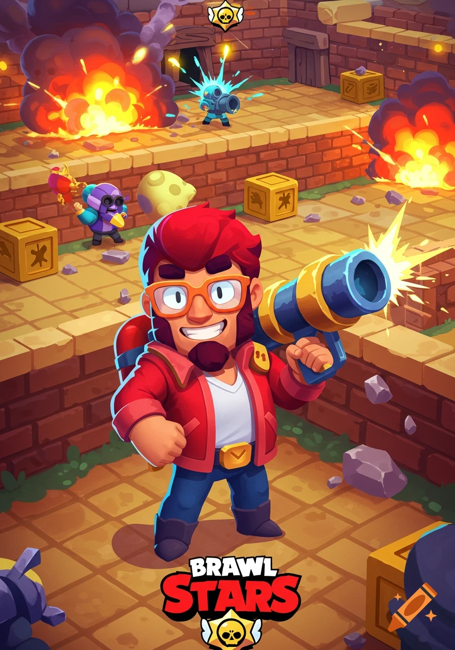 Cartoon character Brock from Brawl Stars in a game-like arena, holding a large weapon amidst explosions and other characters.