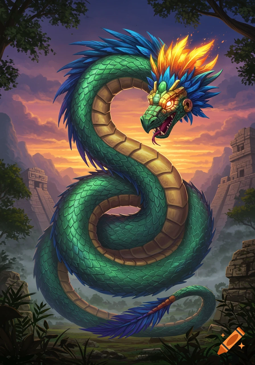 A majestic green and gold feathered serpent, Quetzalcoatl, coiled against a sunset sky with ancient ruins in the background.