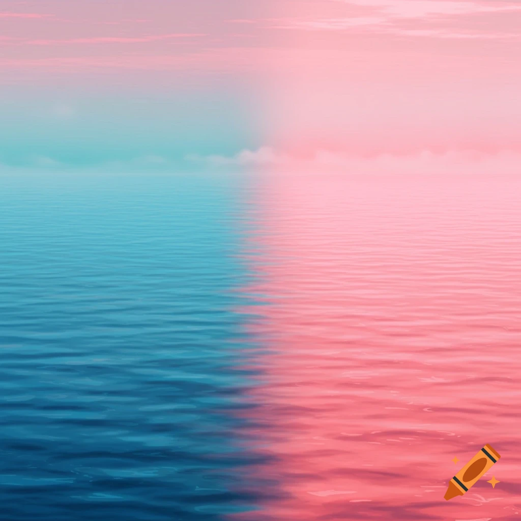 A calm body of water divided, with blue water and sky on the left, and pink water and sky on the right.