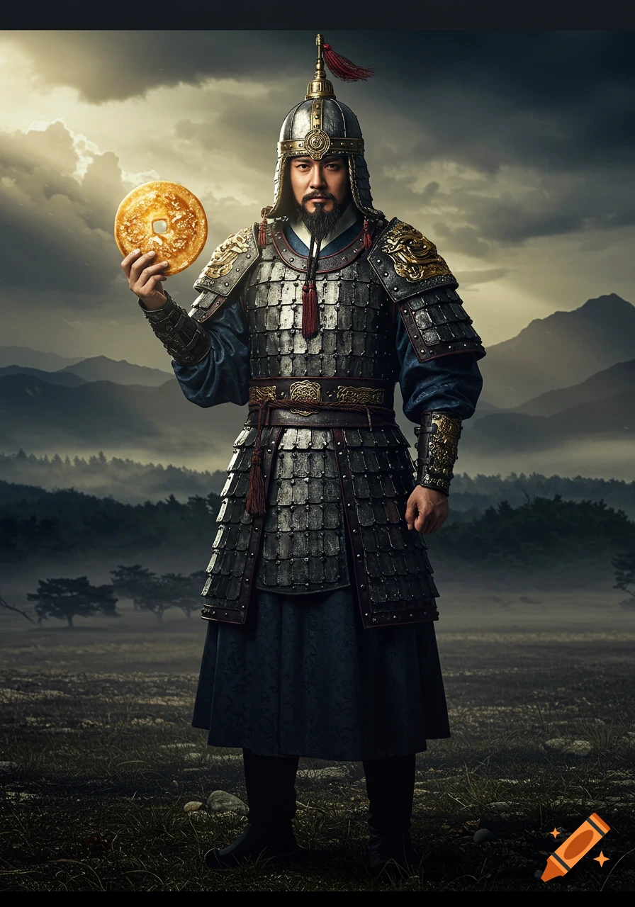 An ancient Korean warrior in full Goguryeo armor holds a golden coin-like object in a misty, mountainous landscape under dramatic skies.