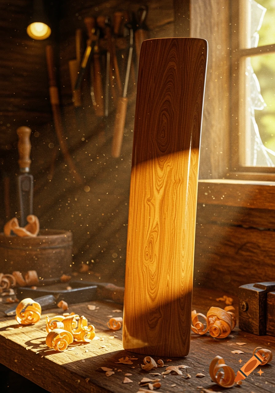 Photorealistic image of a wooden board or bat in a dusty workshop, surrounded by wood shavings and tools, bathed in sunlight.