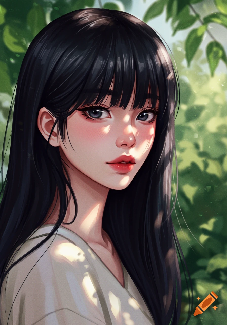 Close-up anime portrait of a young woman with long black hair and bangs, soft features, dappled sunlight on her face and shoulder, green foliage background.