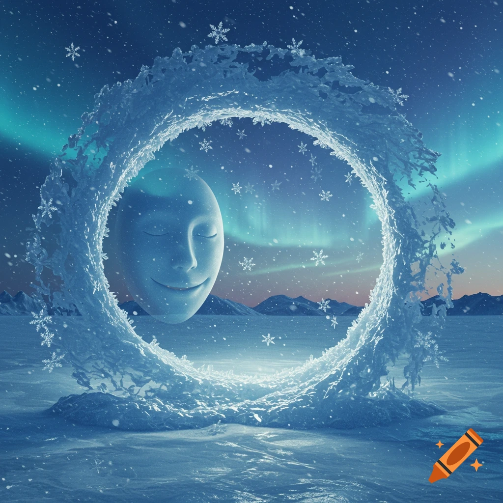 A serene white mask-like face emerges from a swirling ice ring in a snowy arctic landscape under an aurora borealis with falling snowflakes.