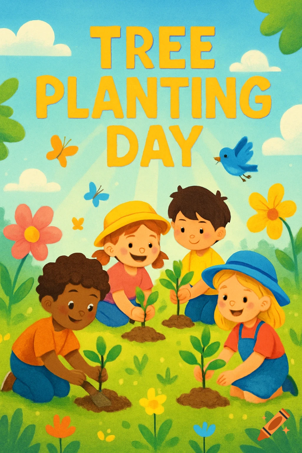 Cartoon illustration of diverse children happily planting saplings in a sunny park under a blue sky with text "TREE PLANTING DAY".