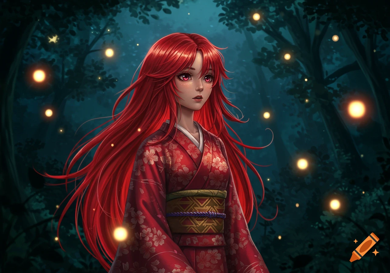 Anime girl with long red hair and a red floral kimono standing in a dark forest with glowing fireflies.