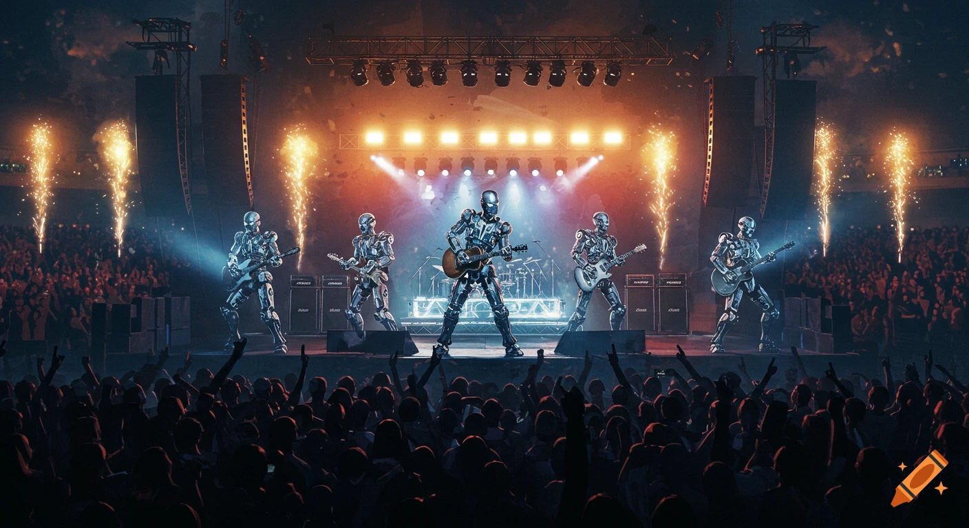 Futuristic robot band playing guitars on a brightly lit stage with pyrotechnics, performing for a large, lively audience at a rock concert.
