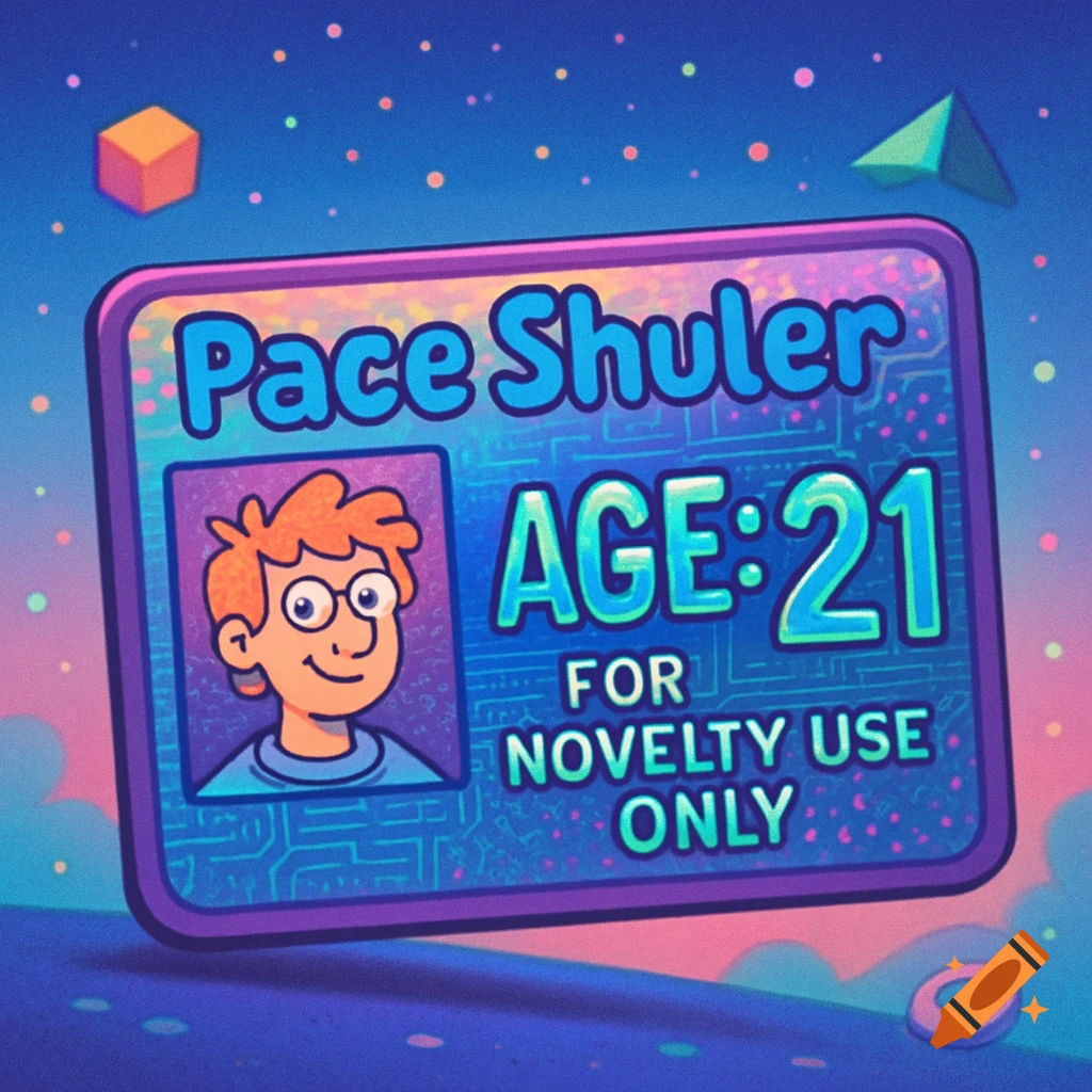 A cartoon ID card for 'Pace Shuler, Age: 21' with a smiling red-haired boy, against a blue, starry background.