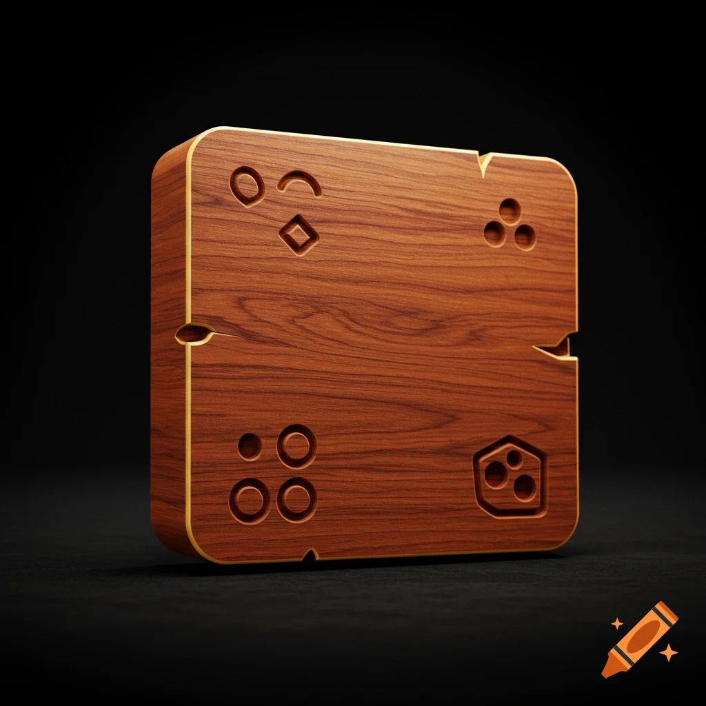 Square wooden game icon with gold trim, engraved with abstract symbols, on a dark background.