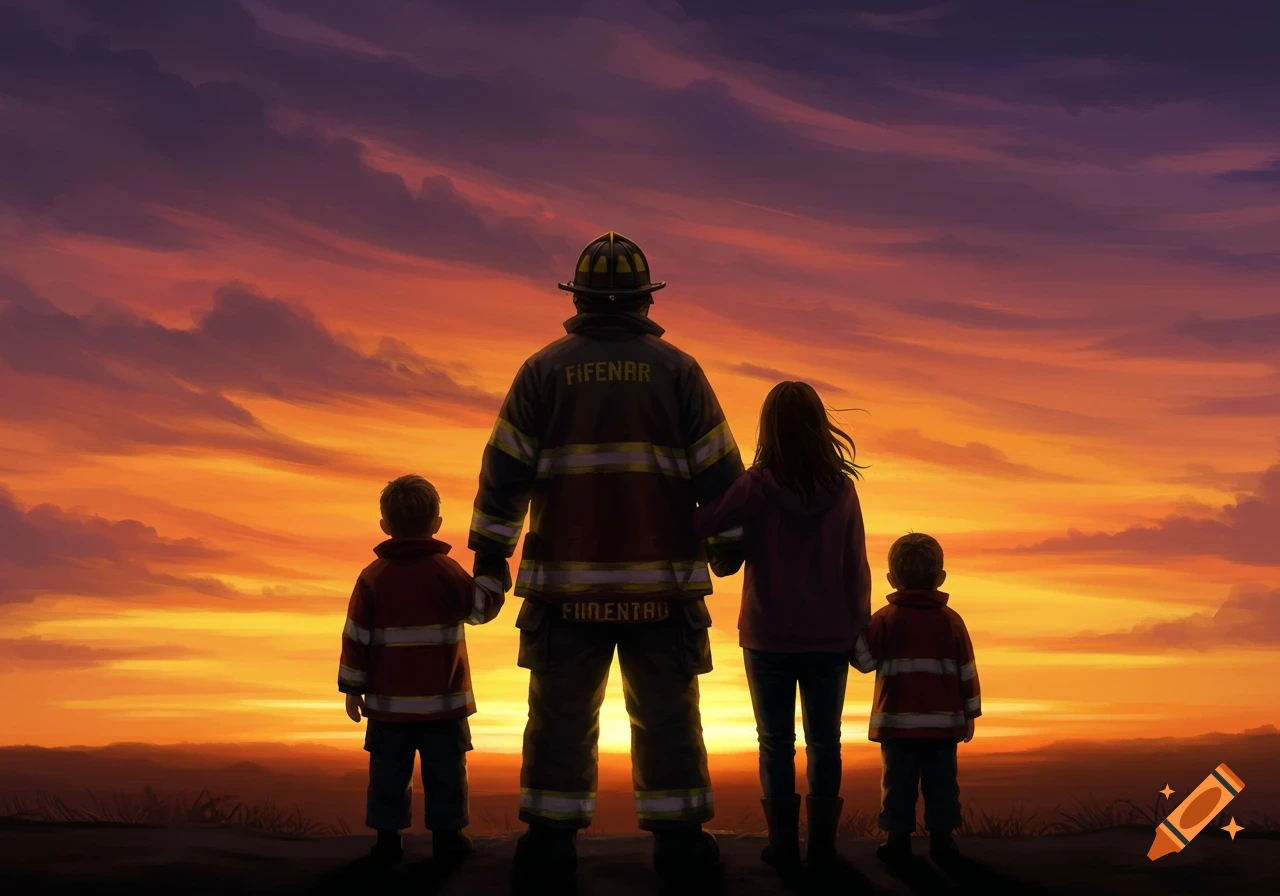 Illustration of a firefighter holding hands with his wife and two children, viewed from behind, silhouetted against a vibrant sunset.