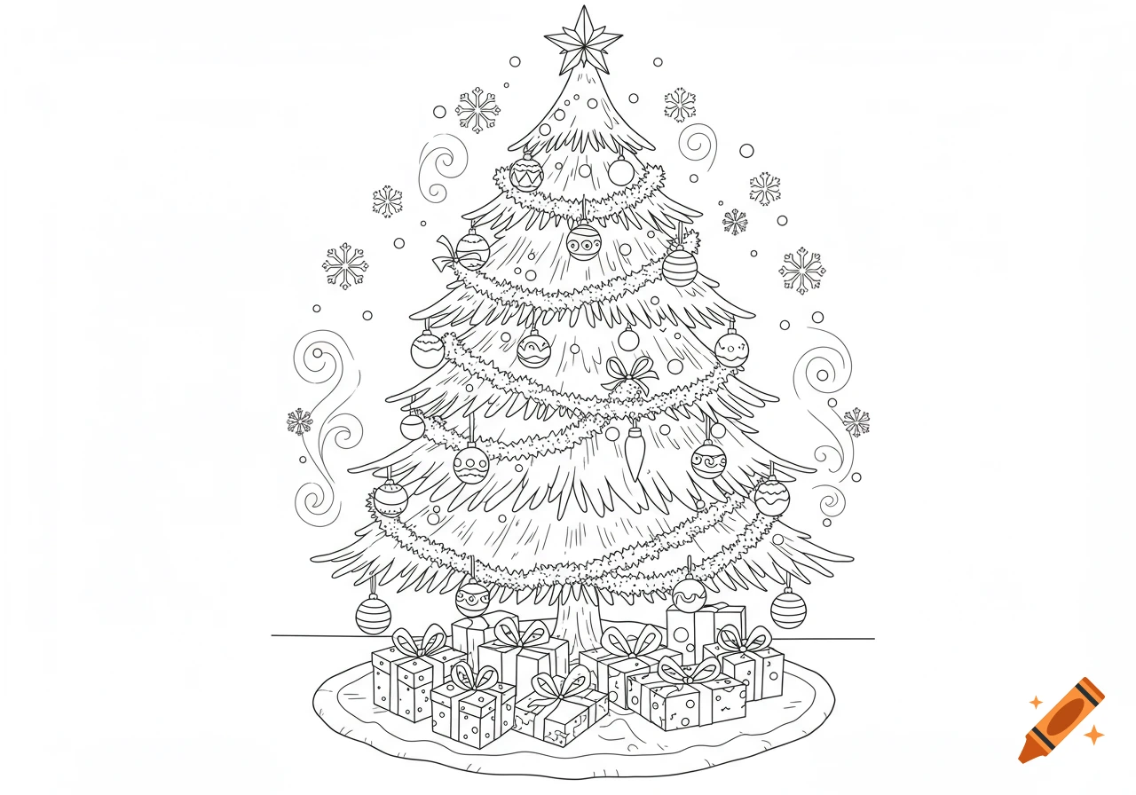 Line art coloring page of a decorated Christmas tree with a star, ornaments, garland, and wrapped presents at its base, surrounded by snowflakes.