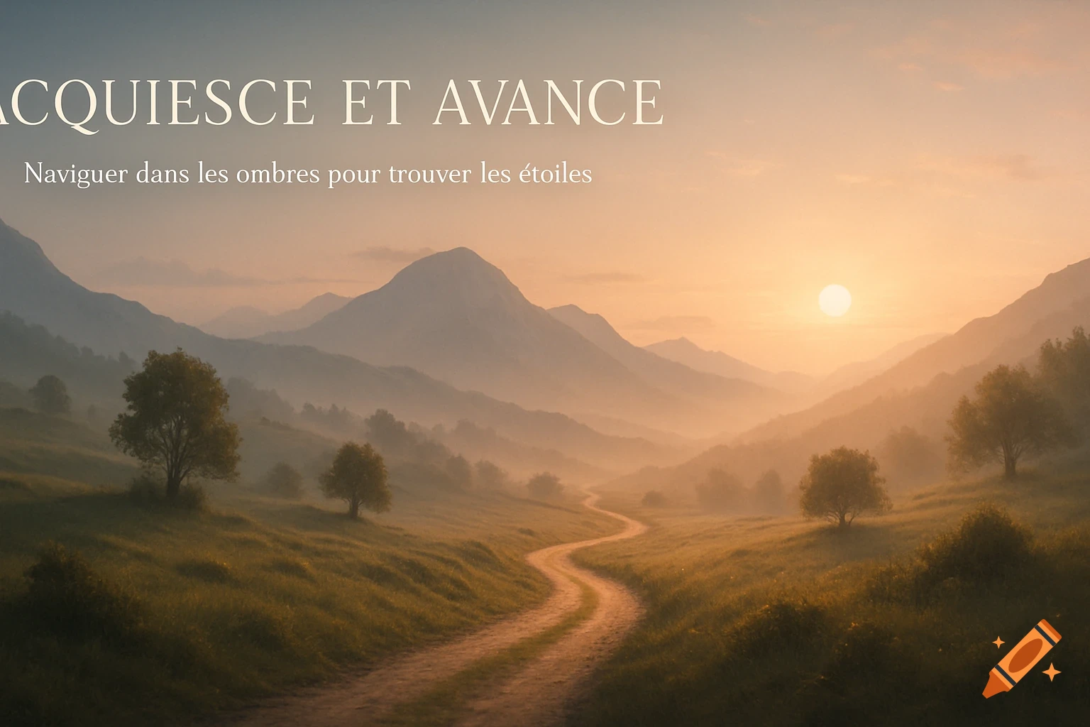 Misty mountain valley at sunrise/sunset with a winding path. French text: 'ACQUIESCE ET AVANCE' and 'Naviguer dans les ombres pour trouver les étoiles.'