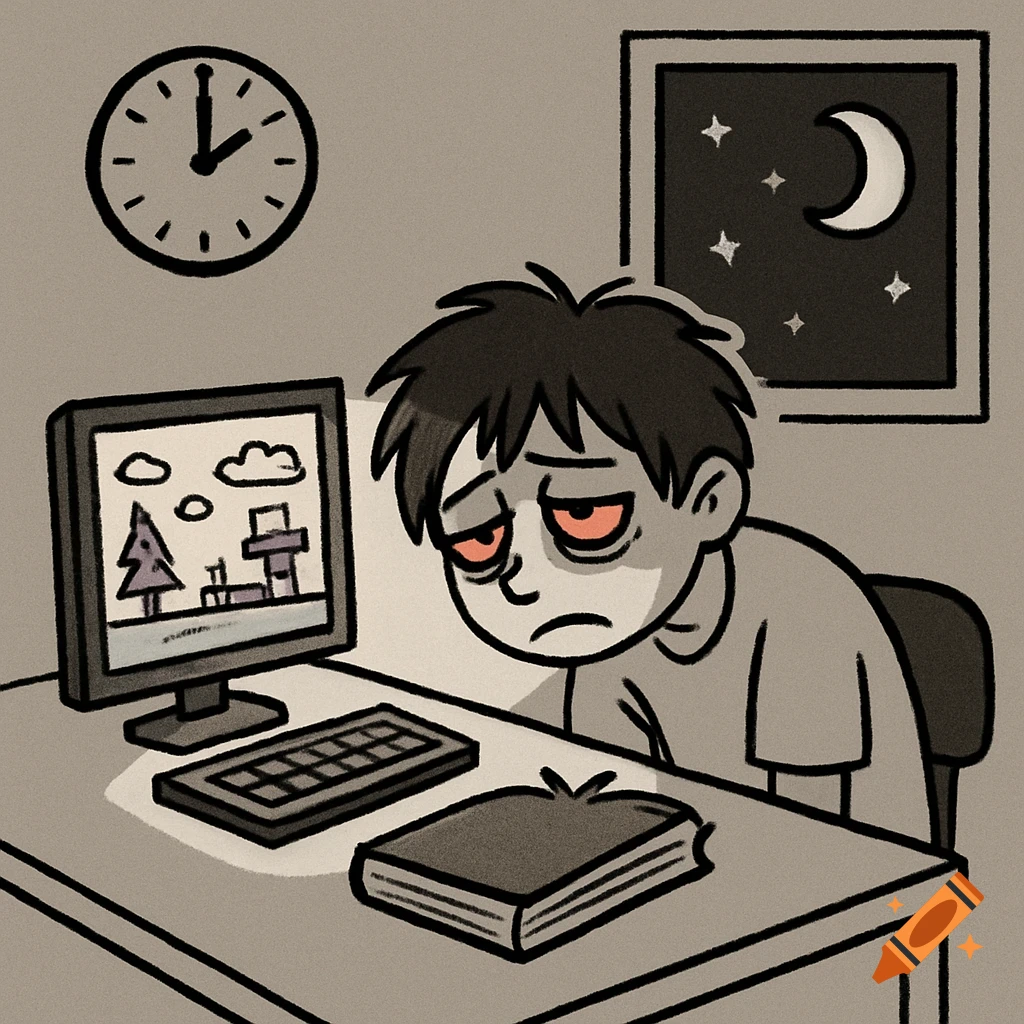 Simple cartoon of a tired schoolboy with red eyes, slouching at a computer desk late at night. A clock shows 2 AM.