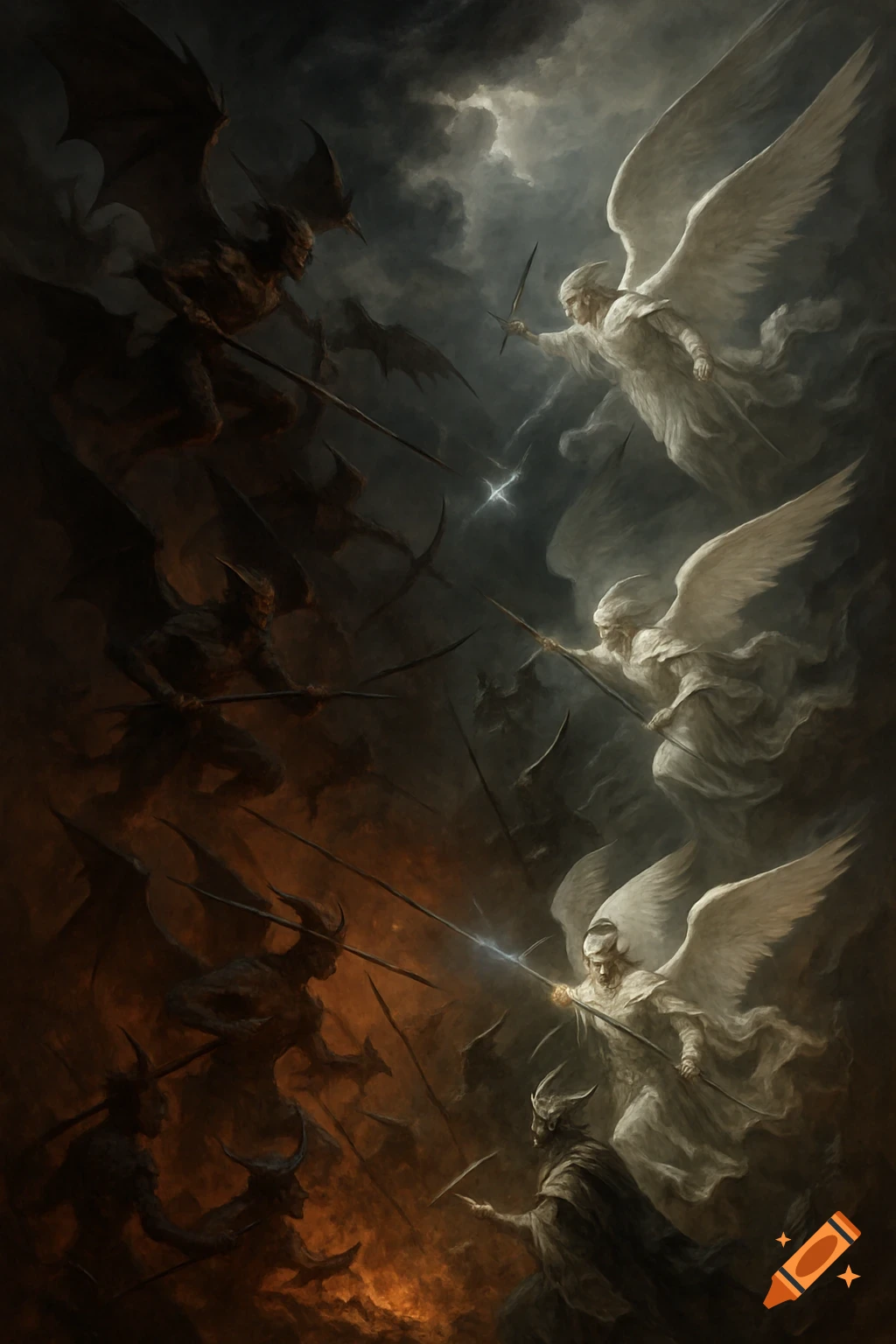 A dark fantasy painting of a large-scale battle between winged angels and horned demons in a stormy, smoky sky over a burning world.