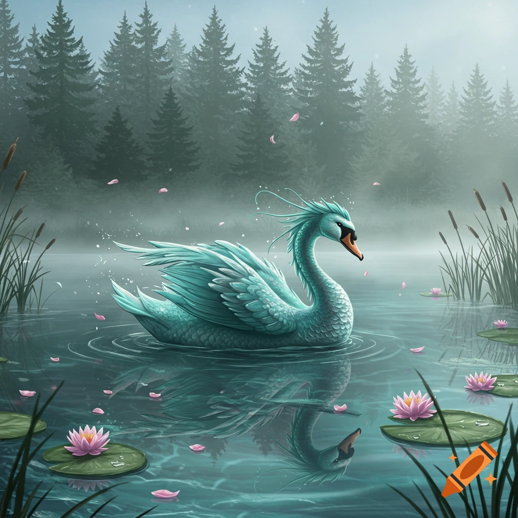 A majestic light blue fantasy swan with spiky head feathers floats on a misty lake with pink lily pads and dark pine trees.