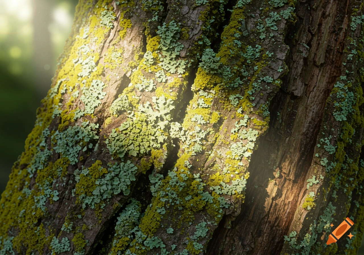 Close-up of tree bark covered in vibrant green and yellow lichen, bathed in soft sunlight.