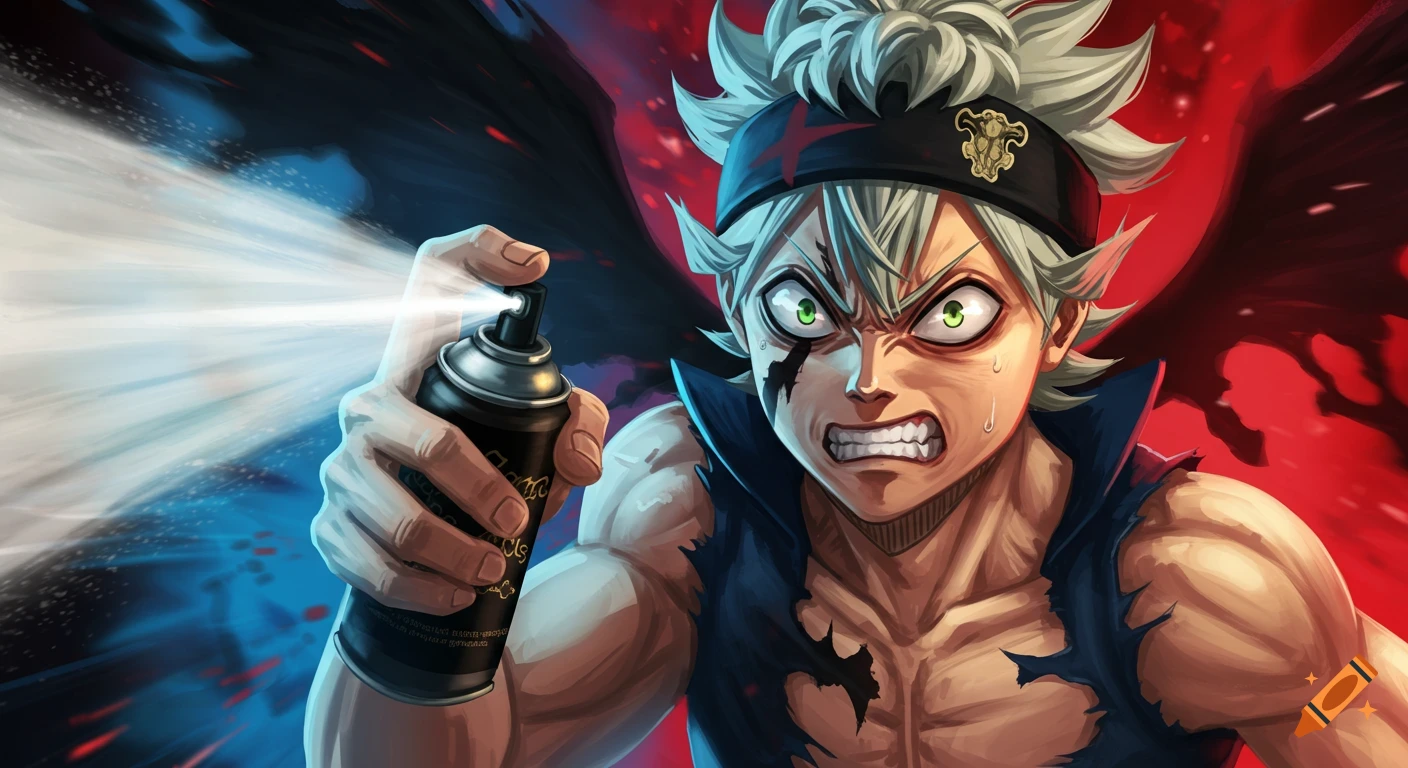 Asta from Black Clover intensely spraying a can towards the viewer, with a disgusted expression, against a split blue and red background.