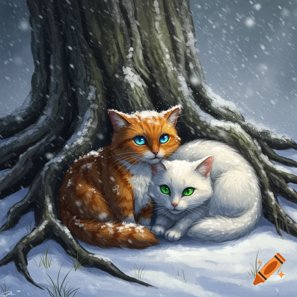 A ginger cat with blue eyes and a white cat with green eyes huddle together under an old tree in a snowy blizzard, digital art.