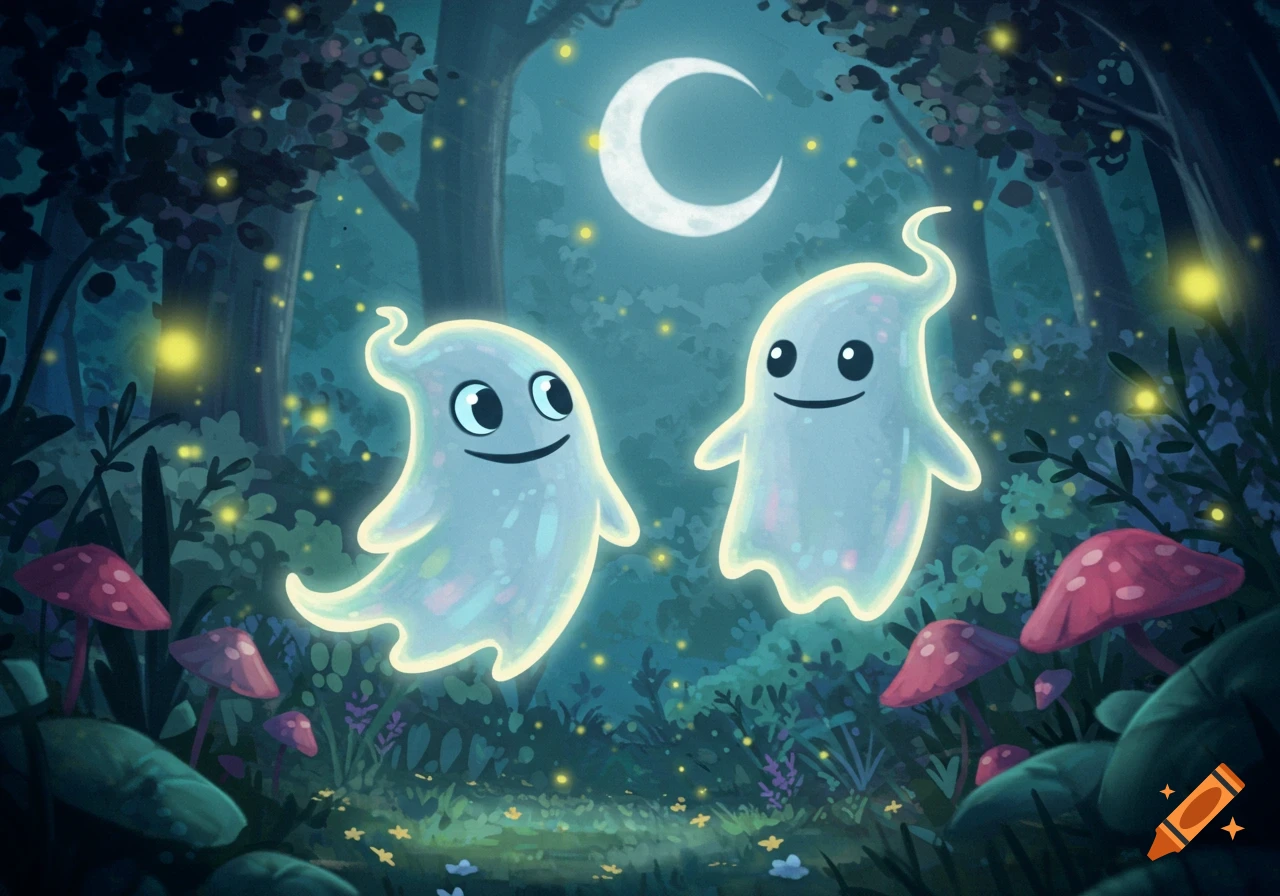 Two friendly, glowing cartoon ghosts float in an enchanted forest at night with a crescent moon, fireflies, and red mushrooms.