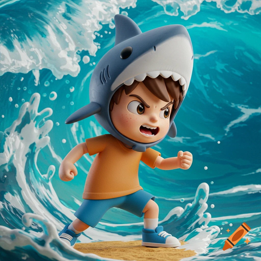A stylized 3D render of an angry boy in a shark hat, running through blue ocean waves.