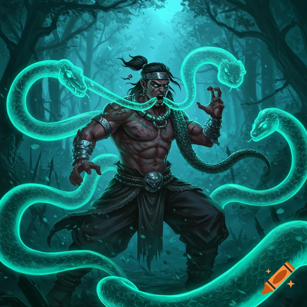 A muscular man with glowing eyes and long dark hair, adorned with tribal jewelry, stands in a dark forest surrounded by glowing turquoise snakes.