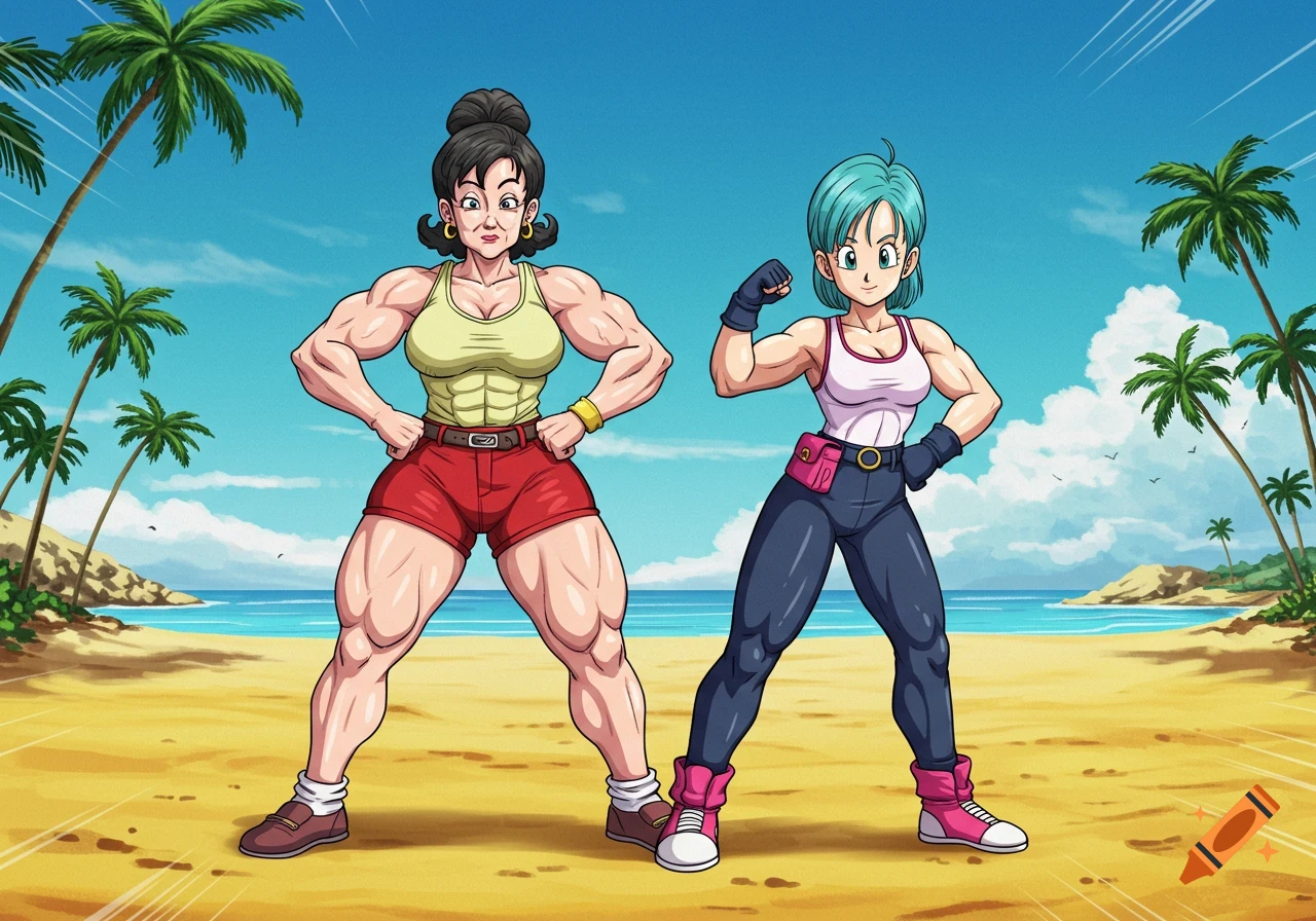Anime women resembling Dragon Ball characters flex muscles on a tropical beach.