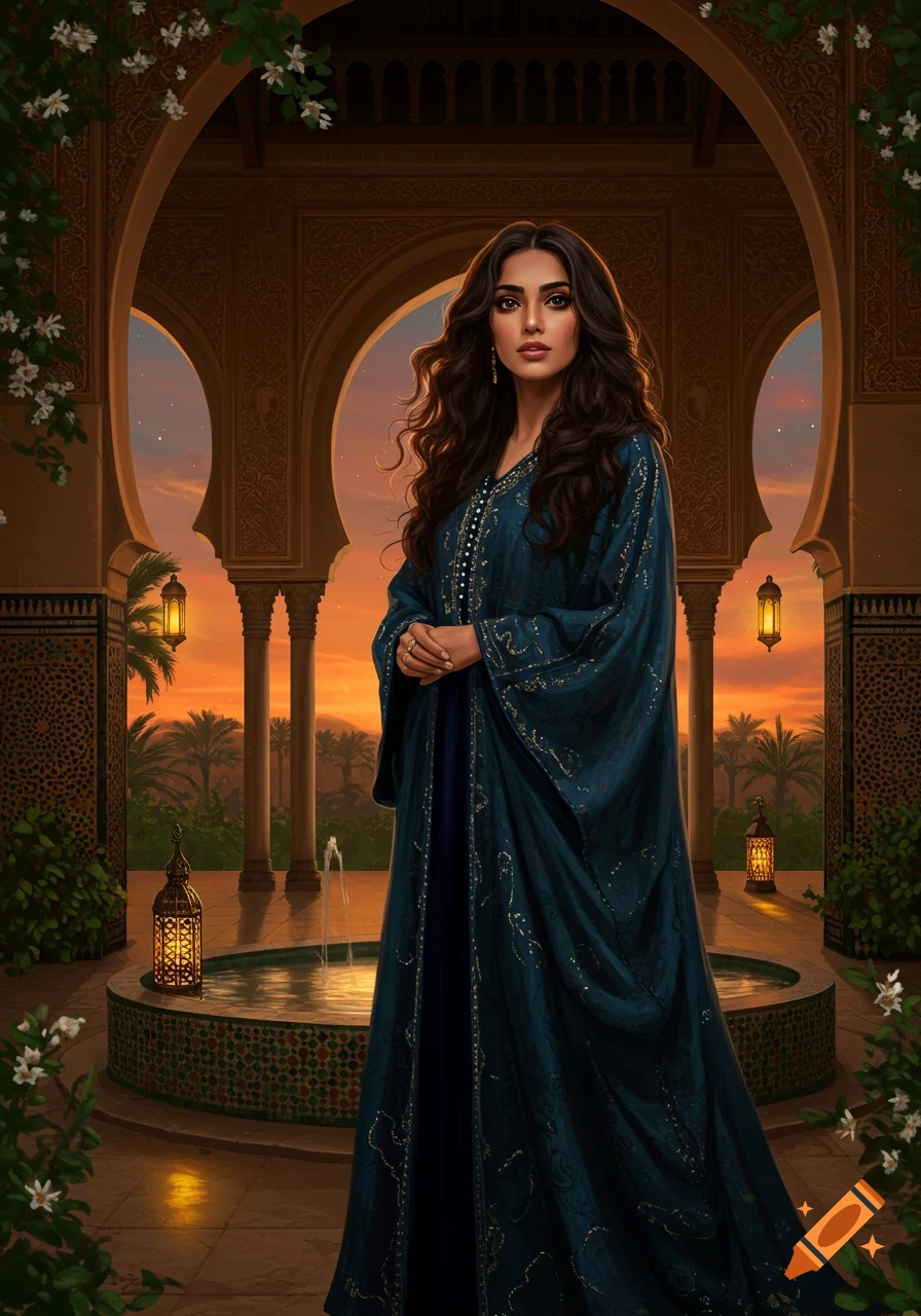 A woman with long dark hair, wearing a flowing teal robe with gold embroidery, stands in an ornate archway with a fountain at sunset.