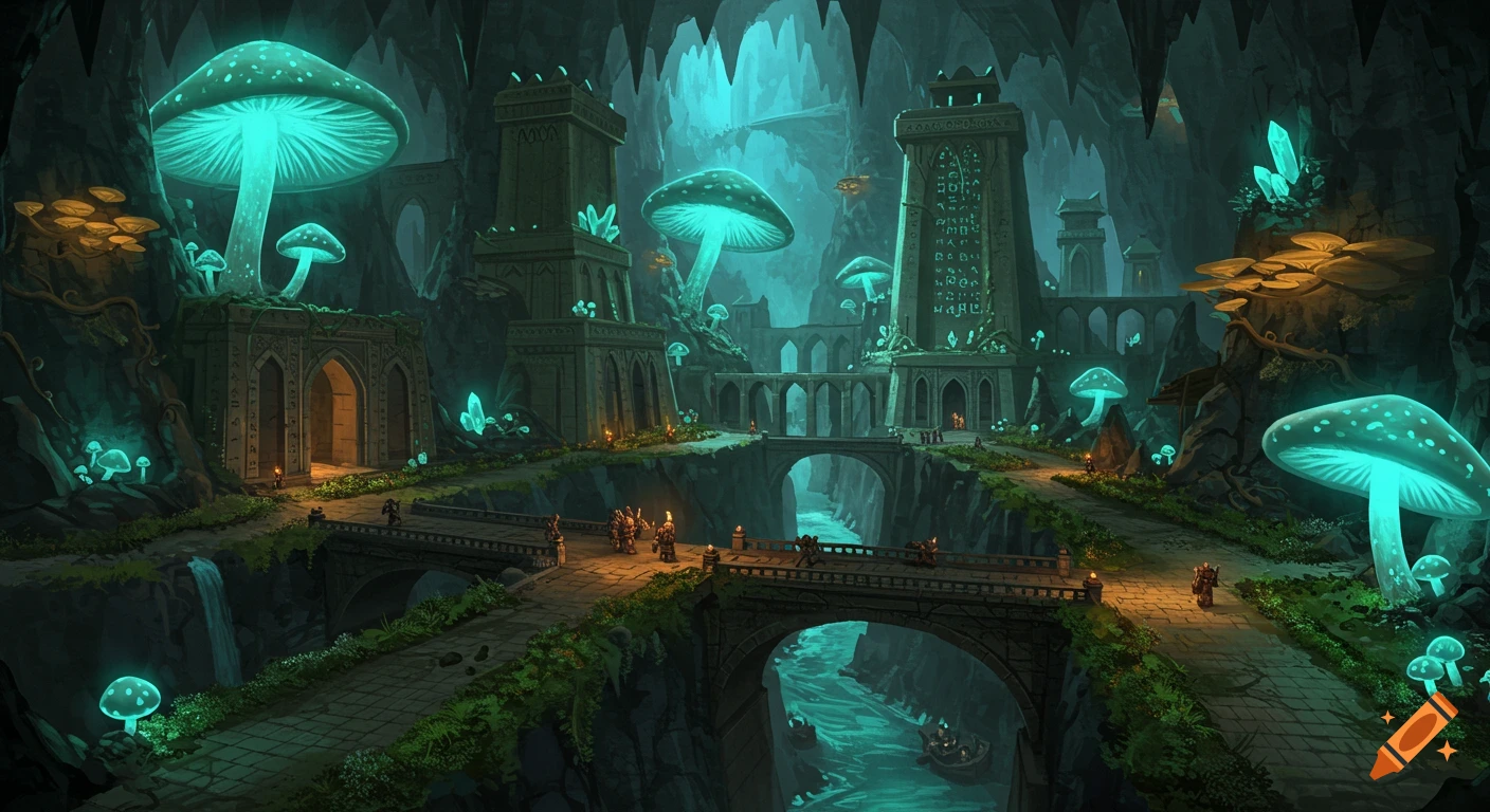 A detailed fantasy illustration of a dwarven city within a massive underground cave, illuminated by glowing turquoise mushrooms.