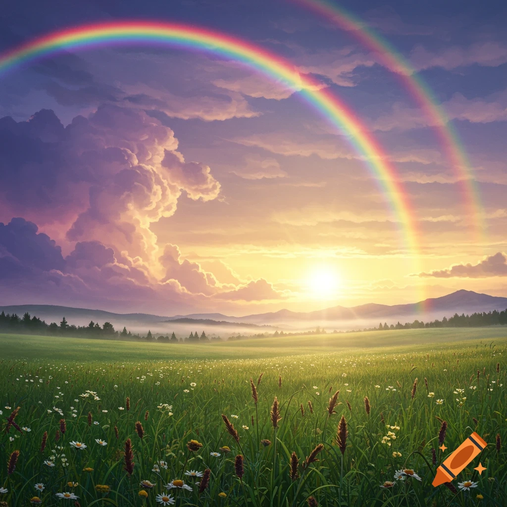 Vibrant double rainbow arches over a green field of wildflowers, forests, and misty mountains at sunset.