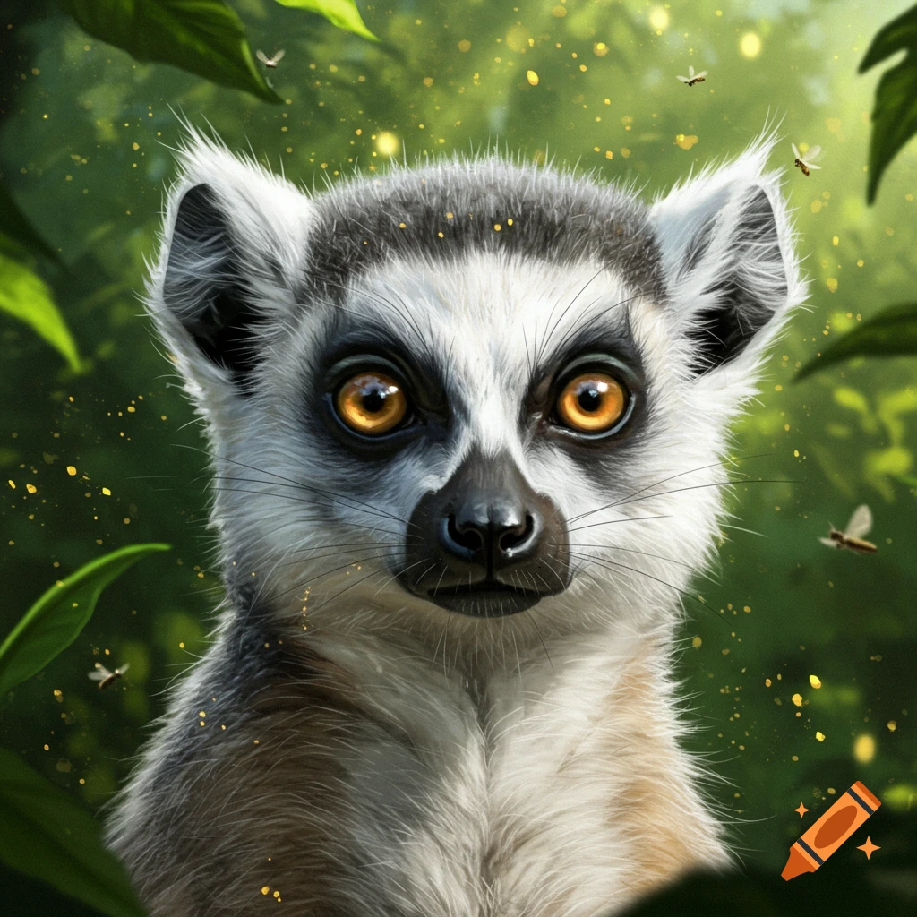 Close-up digital painting of a lemur with large orange eyes amidst lush green jungle foliage and golden light specks.