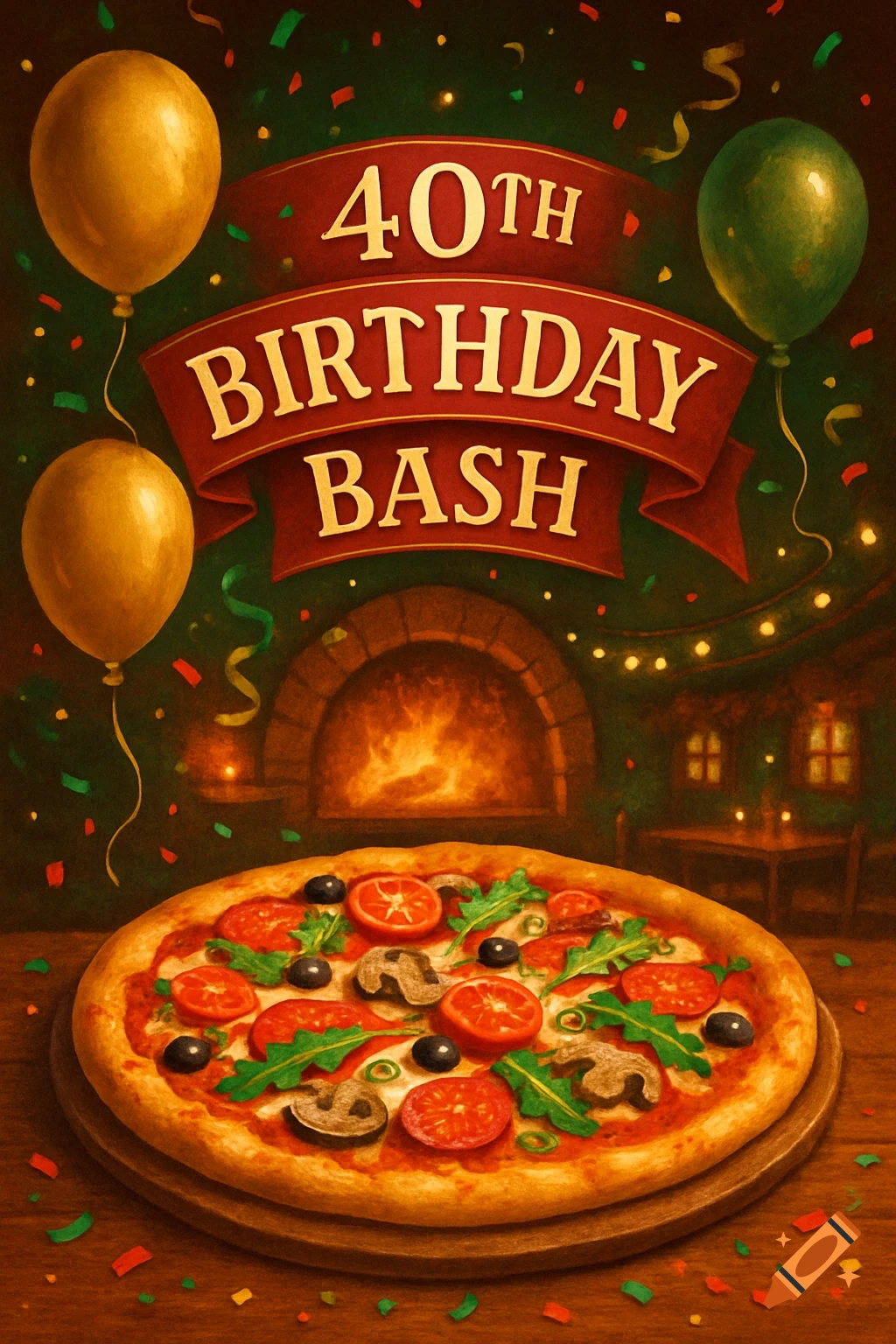 Illustrated 40th Birthday Bash invitation with a pizza, balloons, confetti, and a pizza oven in the background.