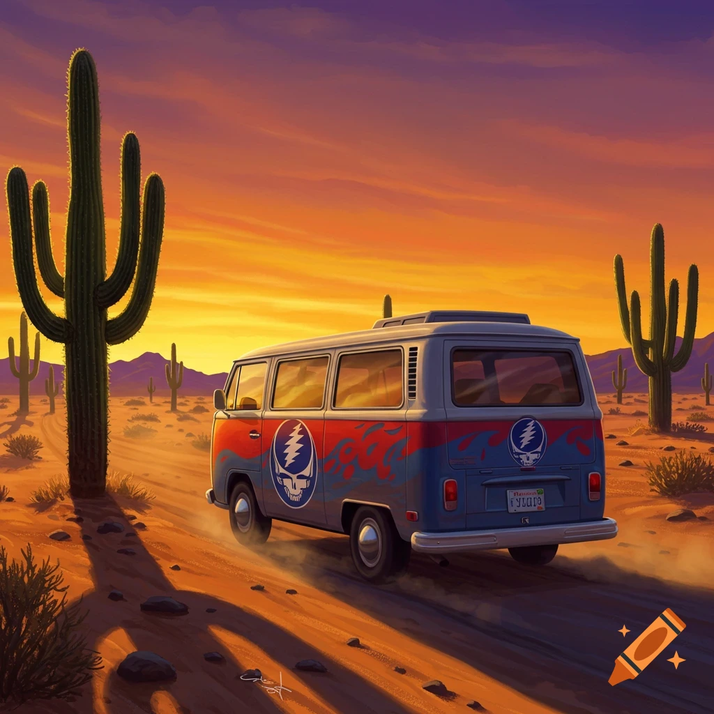 A vintage camper van with Grateful Dead Stealie logos drives down a dirt road through a desert landscape with saguaro cacti under an orange and purple sunset in a painted style.